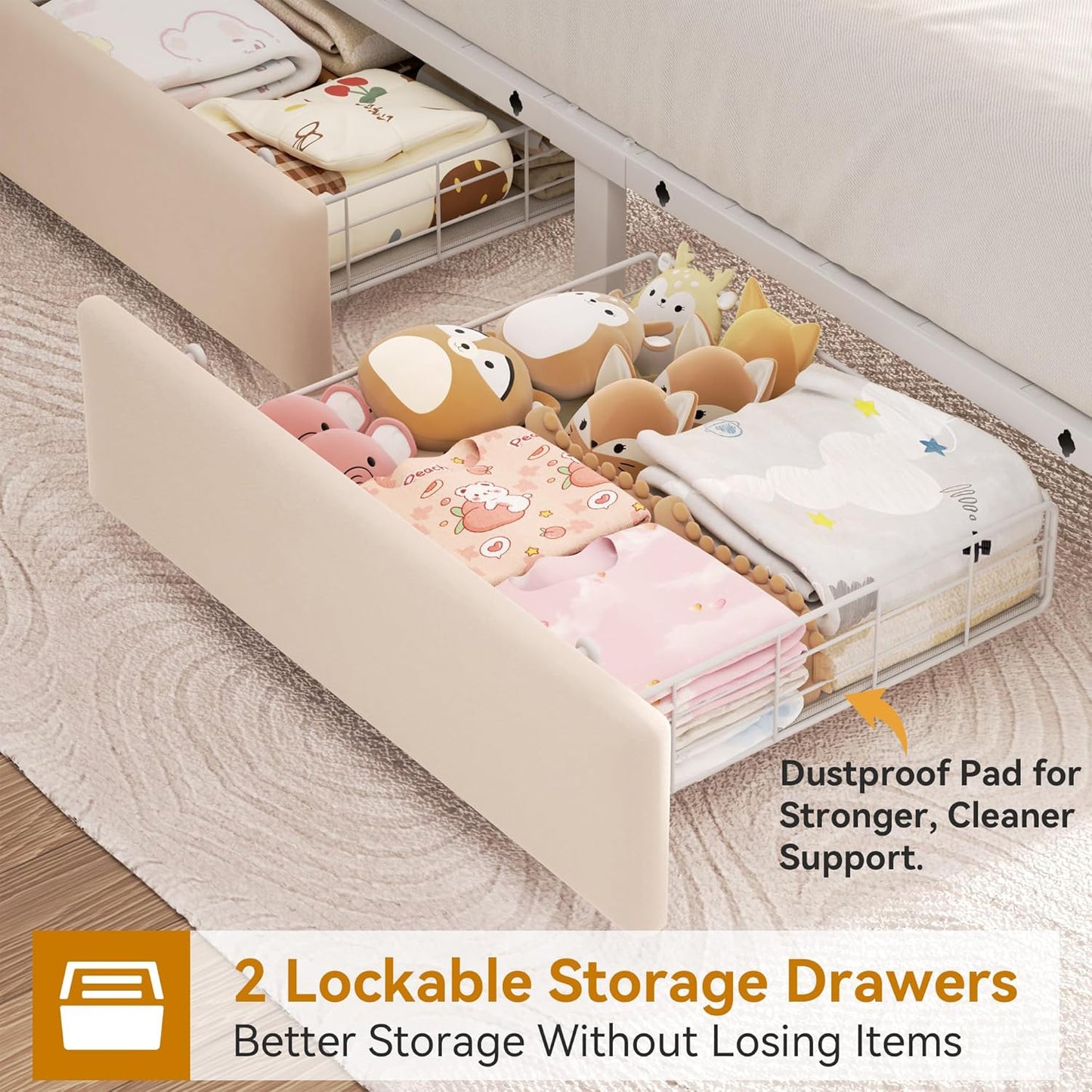 Twin Upholstered LED Bed Frame with 2 Storage Drawers and 2-Tier Storage Bookcase Headboard, Velvet Princess Platform Bed for Kids/Girls/Boys, Corner Bed Frame, Heavy Duty Metal Support, Beige