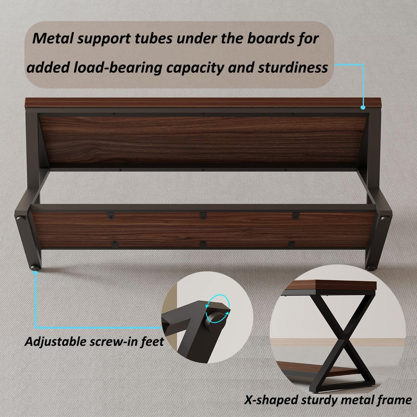 IBF Wood Entryway Bench Indoor, Industrial Wooden Metal Entry Shoe Storage Bench in Bedroom, Farmhouse Hallway Shoe Rack Bench Seating for Foyer Living Dining Room End of Bed, Walnut, 47 Inch