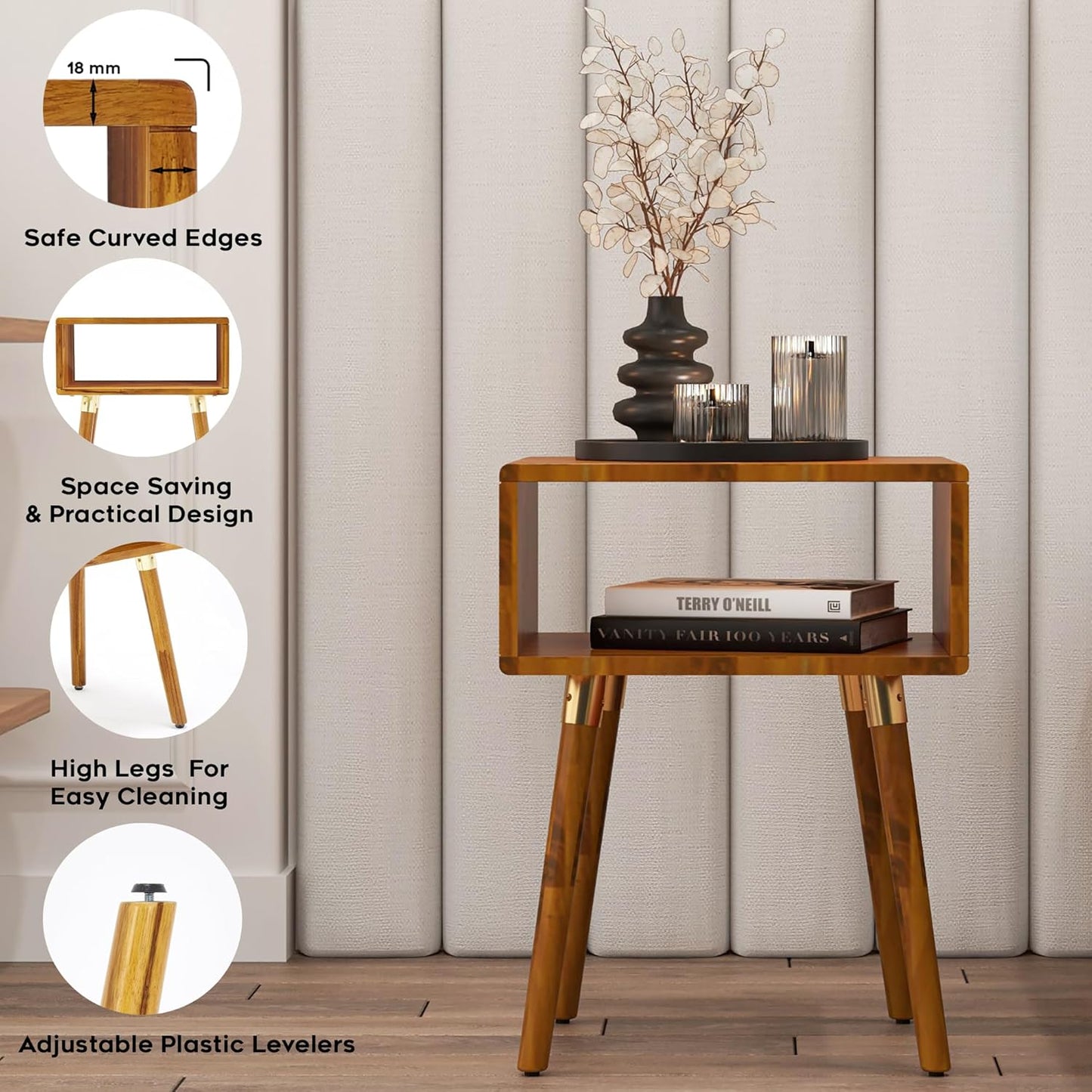 Bme Dinkee Solid Wood Nightstand, Fully Assembled, Without Drawer for Mid Century Bedroom and Living Room, Caramel