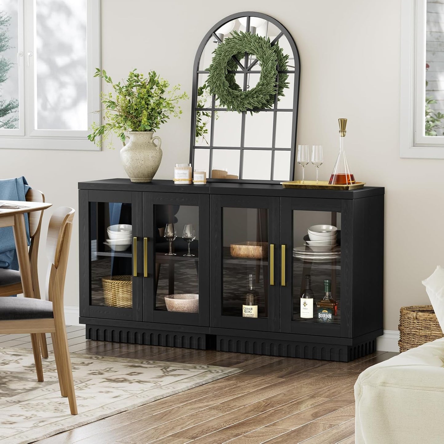 Buffet Cabinet with Storage, Sideboard Cabinet with Glass Doors, Accent Storage Cupboard Console Table for Kitchen, Hallway, Living Room, Dining Room, Smoked Black Oak