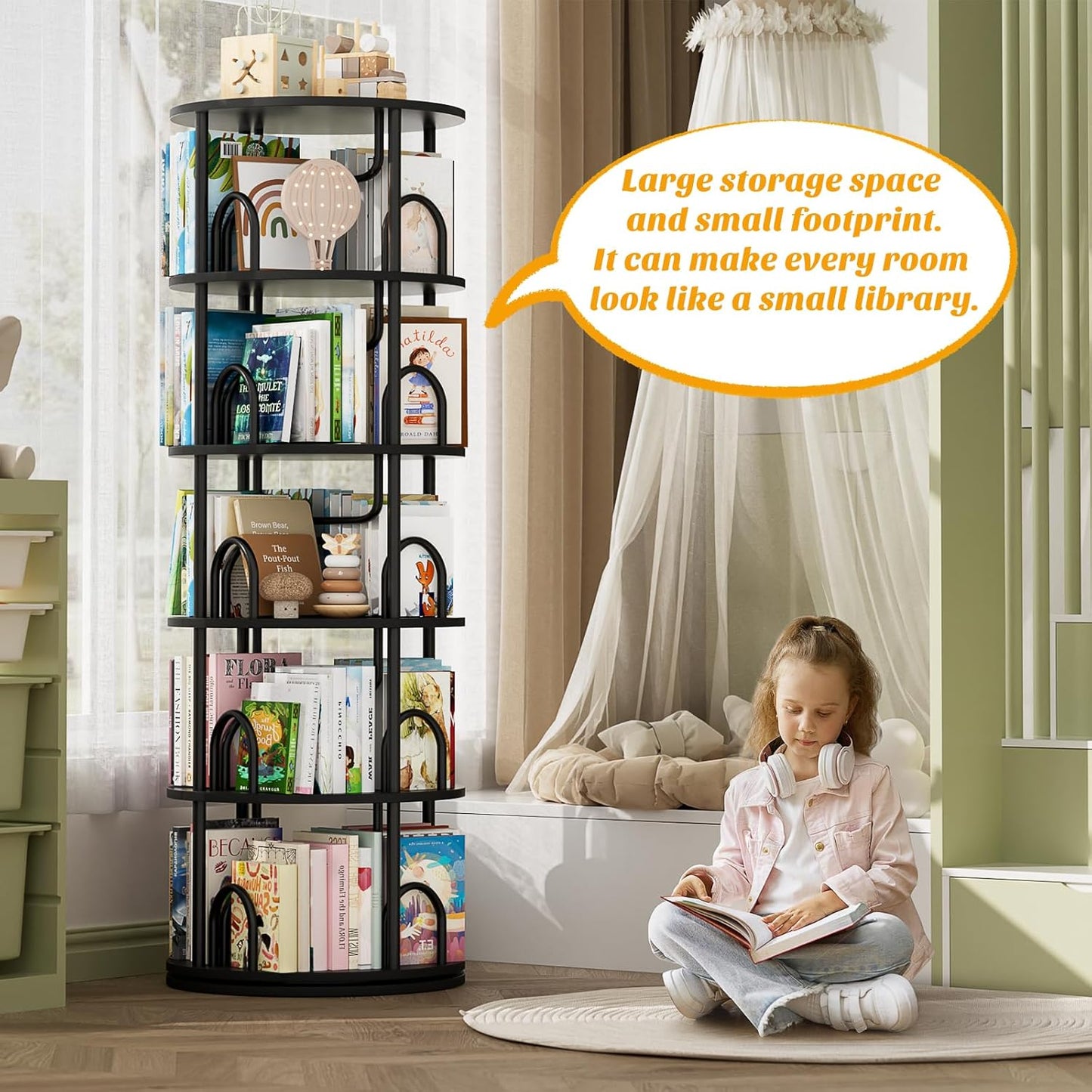 Aheaplus 5 Tier Rotating Bookshelf Tower, 360 Display Spinning Bookcase, Revolving Round Book Shelf Narrow Swivel Bookshelf, Vertical Turning Spiral Corner Book Organizer for Small Space, Black