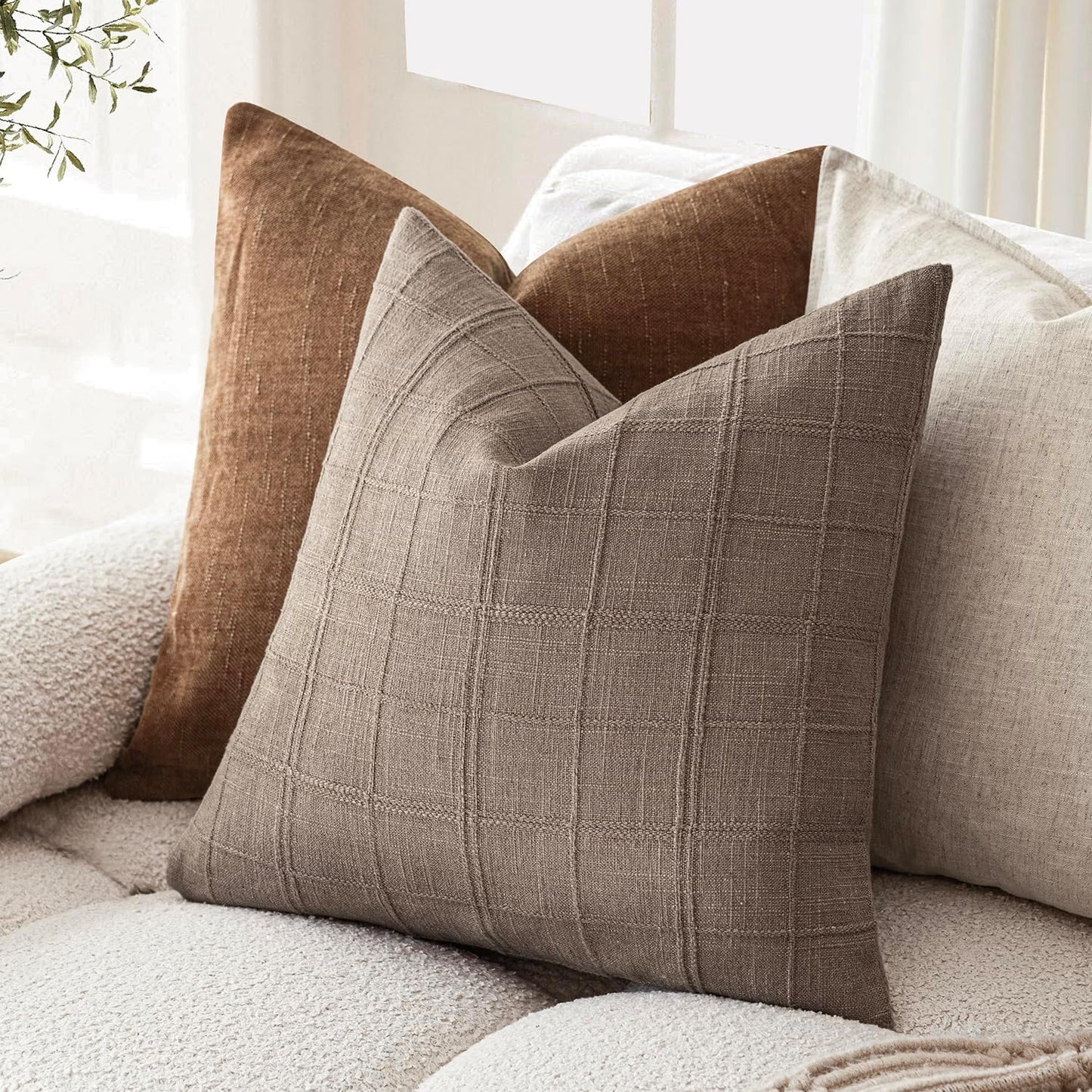 Foindtower Set of 2 Decorative Linen Check Throw Pillow Covers Neutral Farmhouse Vintage Cushion Covers Modern Boho Home Decor for Sofa Chair Couch Bedroom Living Room Outdoor,20×20 Inch,Tan Taupe