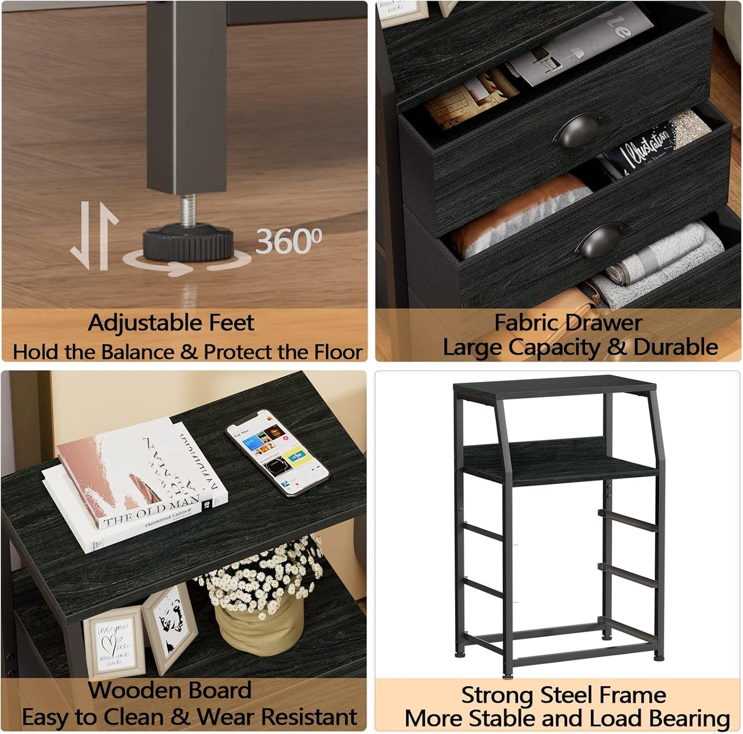 Furnulem Black Night Stand, Small Dresser for Bedroom, Nightstand with 3 Fabric Storage Drawers and 2-Tier Shelf, End Table Side Furniture for Closet, Hallway, Nursery, Sturdy Steel Frame, Wood Top