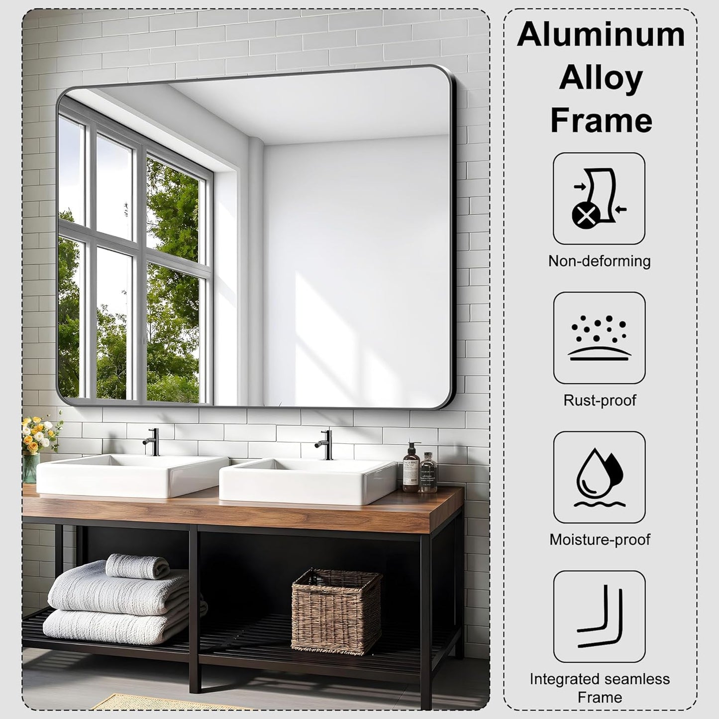 KOCUUY 40"x48" Large Rectangle Vanity Mirror, Black Metal Frame Mirror with Rounded Corner, Modern Design of Upgraded Shatterproof Glass for Bathroom, Bedroom, Living Room, Entryway