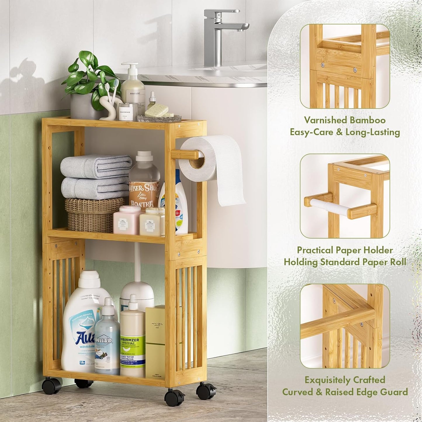 AmazerBath Slim Toilet Paper Holder with Storage Shelf Bamboo - Small Bathroom Storage Cabinet Next to Toilet, Skinny Shelf for Small Spaces, 3 Tier Rolling Stand for Bathroom Kitchen, Natural Color
