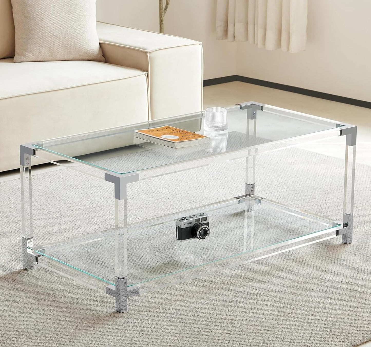 Saint Mossi 202302CR Glass Coffee Table, Double Layer Glass Coffee Table for Living Space, L41 x W21 x H16, Clear Glass Top, Clear Acrylic Leg & Chrome Frame
