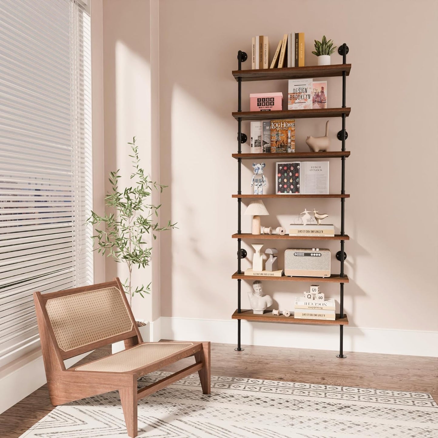 7 Tier Industrial Ladder Shelf Bookcase, Wall Mounted Rustic Bookshelf for Living Room Decor and Storage (Walnut Color, 7 Tier - 10" D x 36" W x 95.5" H)