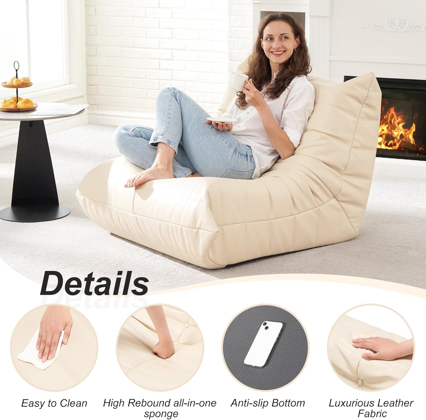Hobestluk Giant Bean Bag Chair Lazy Floor Sofa, Memory Foam Fireside Sofa for Adults, Big Beanbag Faux Leather Armless Chair for Living Room Bedroom Dorm Office (Beige, Single)
