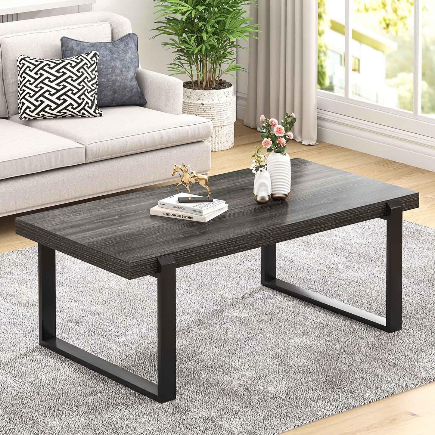 FOLUBAN Industrial Coffee Table, Rustic Wood and Metal Center Table, Modern Rectangle Cocktail Tea Table for Living Room, Dark Gray, 47 Inch