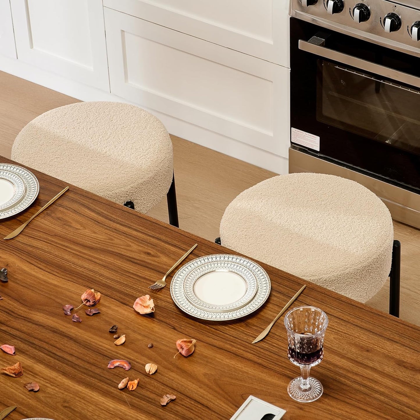 Dining Chairs Set of 2, 23.6" Backless Kitchen Living Room Chair，Mid Century Modern Chairs with Round Soft Beige Boucle Padded & Solid Metal Legs