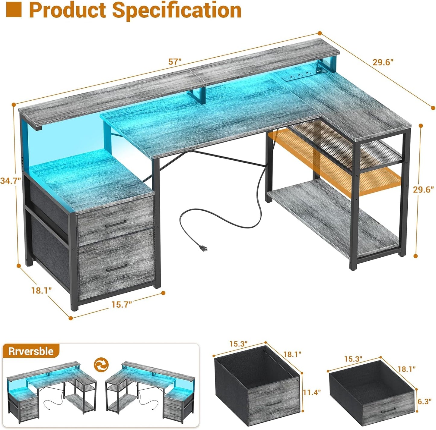 Aheaplus L Shaped Desk with File Drawer, Reversible L Shaped Computer Desk Gaming Desk with Power Outlet & LED Strip, Home Office Desk with Monitor Shelf, Corner Desk with Storage Shelves, White Oak