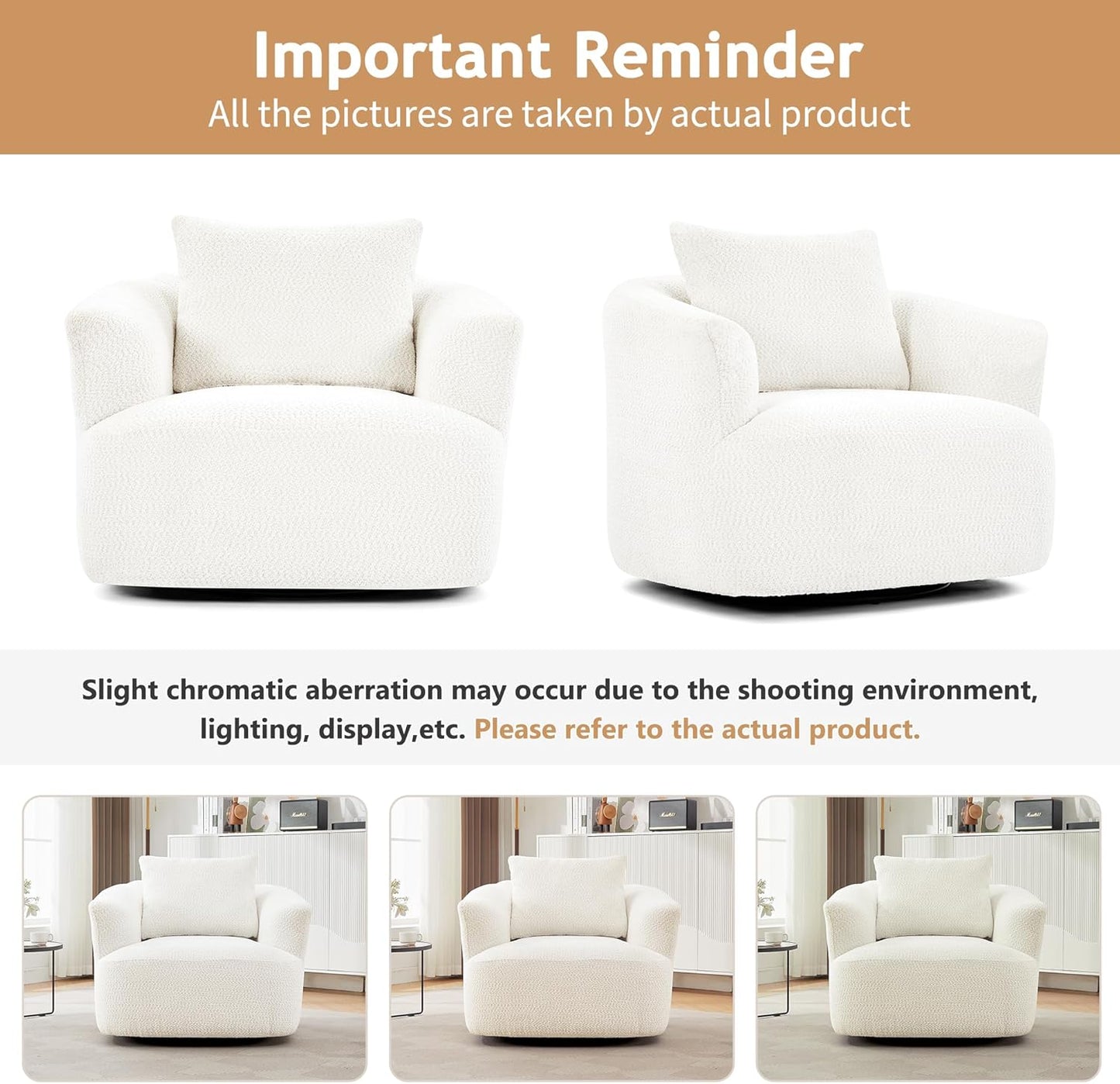 Merax Modern 360° Chenille Swivel Barrel Chair with A Throw Pillow & Armrest, Upholstered Cozy Single Round Sofa with Deep Seating for Living Room Bedroom,Office, Hotel, Easy Assemble, Beige