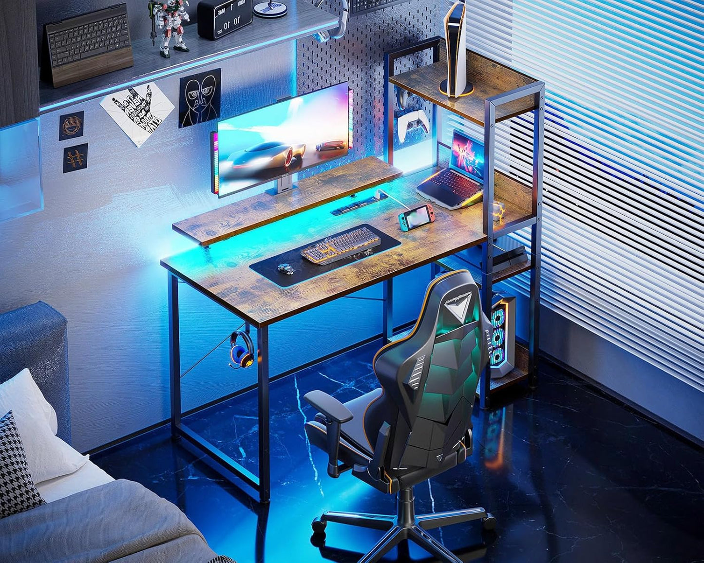 ODK Reversible Gaming Desk with USB Charging Port and LED Lights, 40 Inch Computer Desk with Storage Shelves & Monitor Stand, Writing Study Table for Home Office, Small Space Bedroom, Rustic Brown