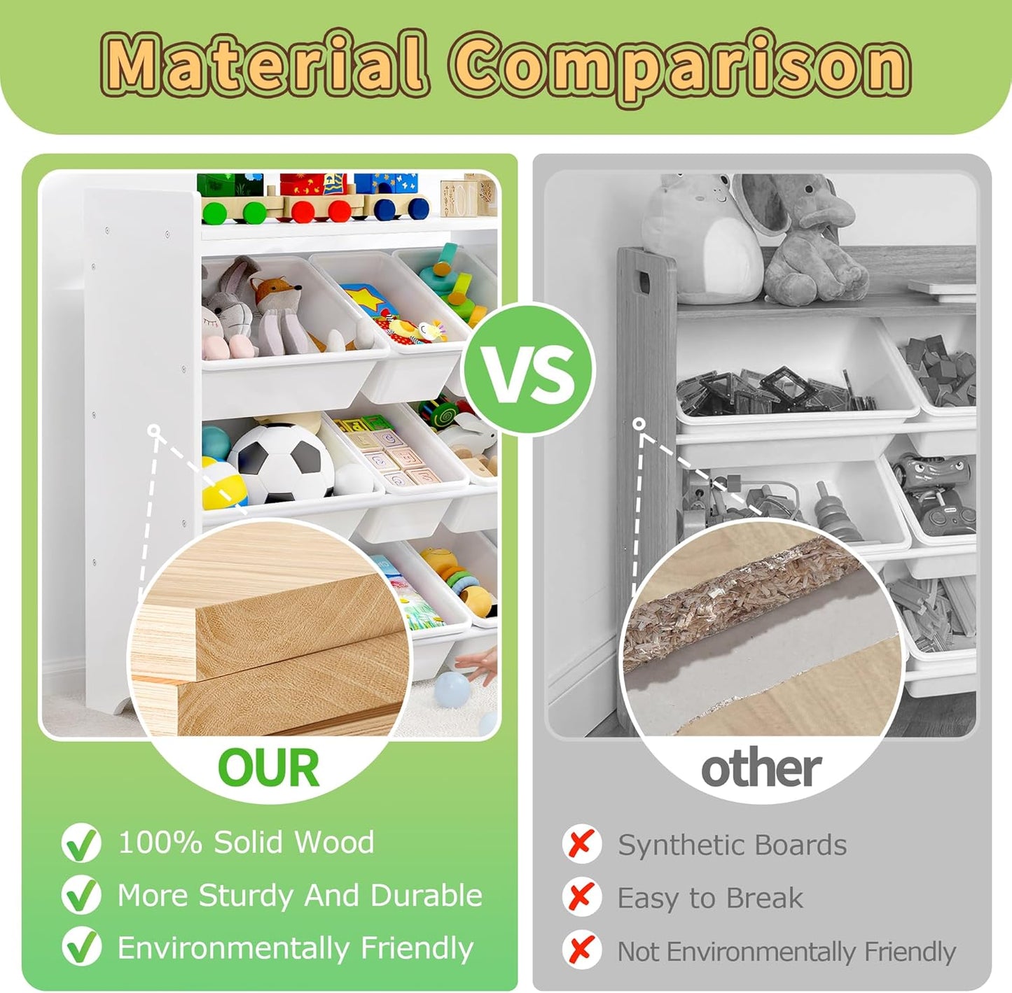 MallBest 4-Tier Kids' Toy Storage Organizer Shelf - 100% Solid Wood,Children's Storage Cabinet with 9 Plastic Bins