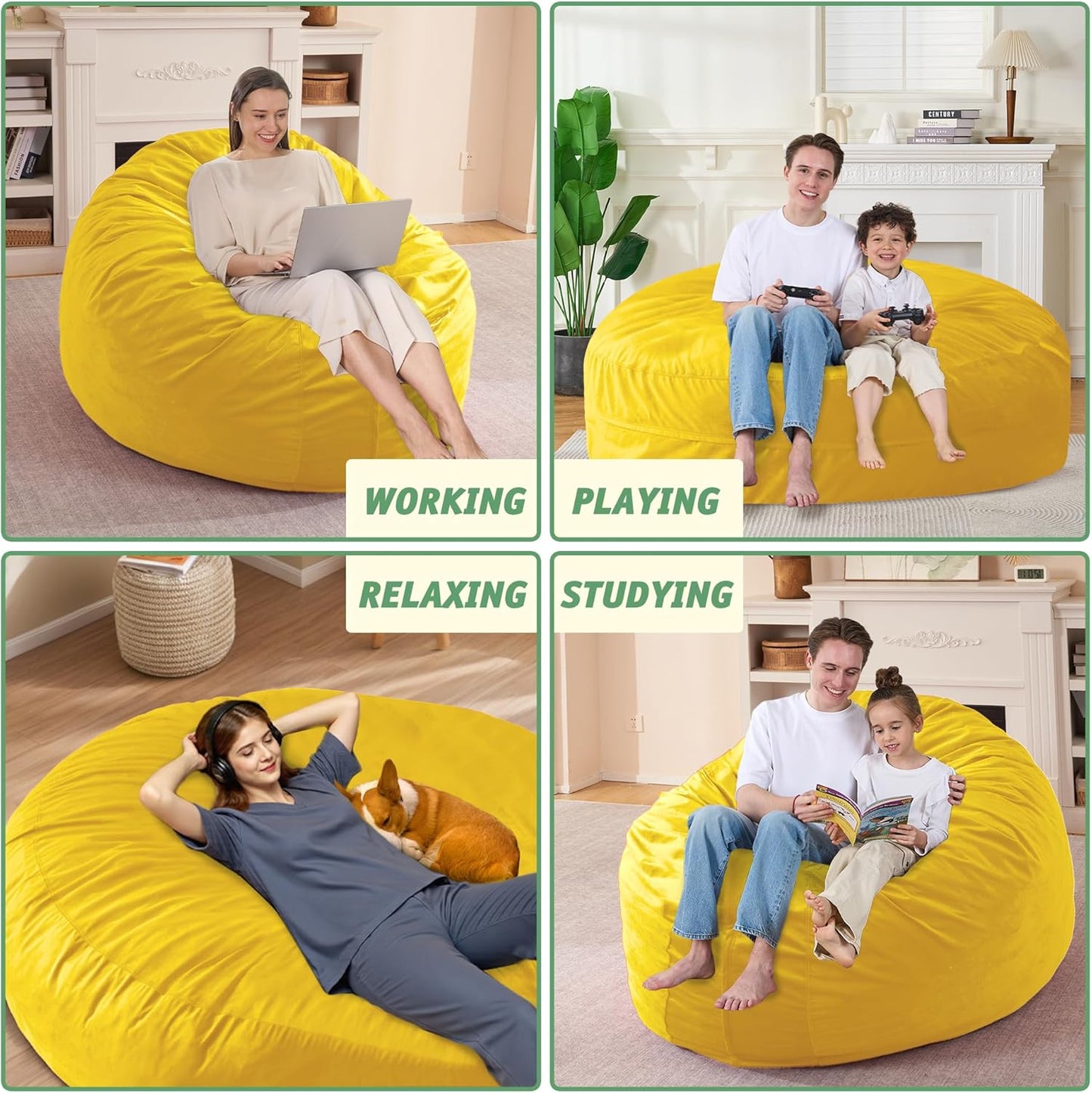 7FT Bean Bag Chair with Ultra Soft Velvet Cover Bean Bag Sofa with Memory Foam Bean Bag Chairs with Large Size Lazy Sofa for Dorm Office Living Room Bedroom Yellow 7'