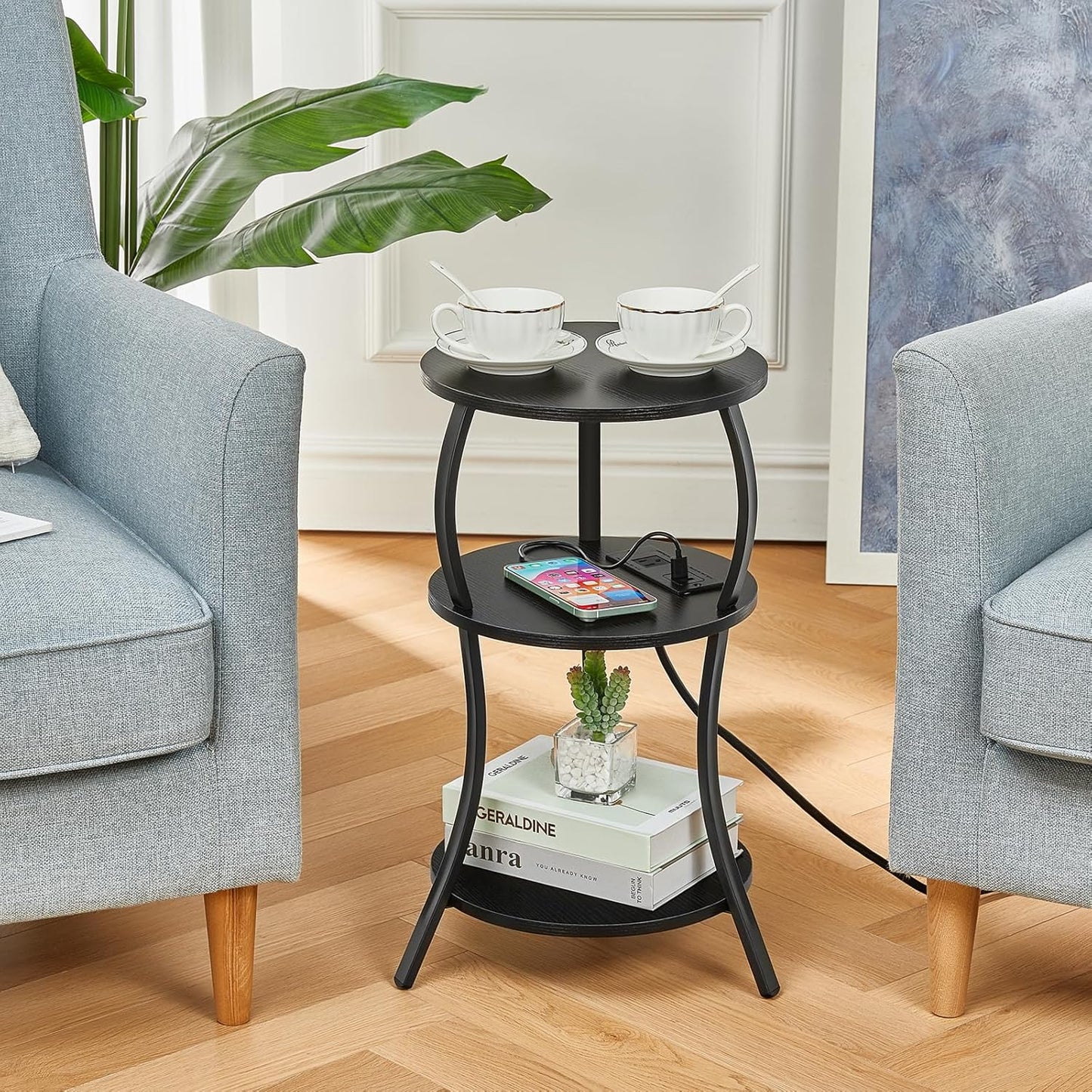 Small Round Side Table with Charging Station, 3-Tier Waist Circular End Table with Storage Shelf, Compact Tea Sofa Side Table Small Spaces, Round Corner Coffee Table for Living Room Bedroon,Black