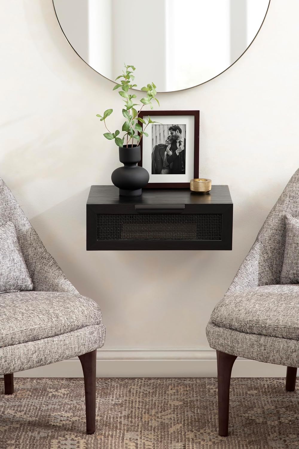 Kate and Laurel Ori Transitional Cane Rattan Floating Side Table with Pull-Out Storage Drawer, 18x13x6, Black