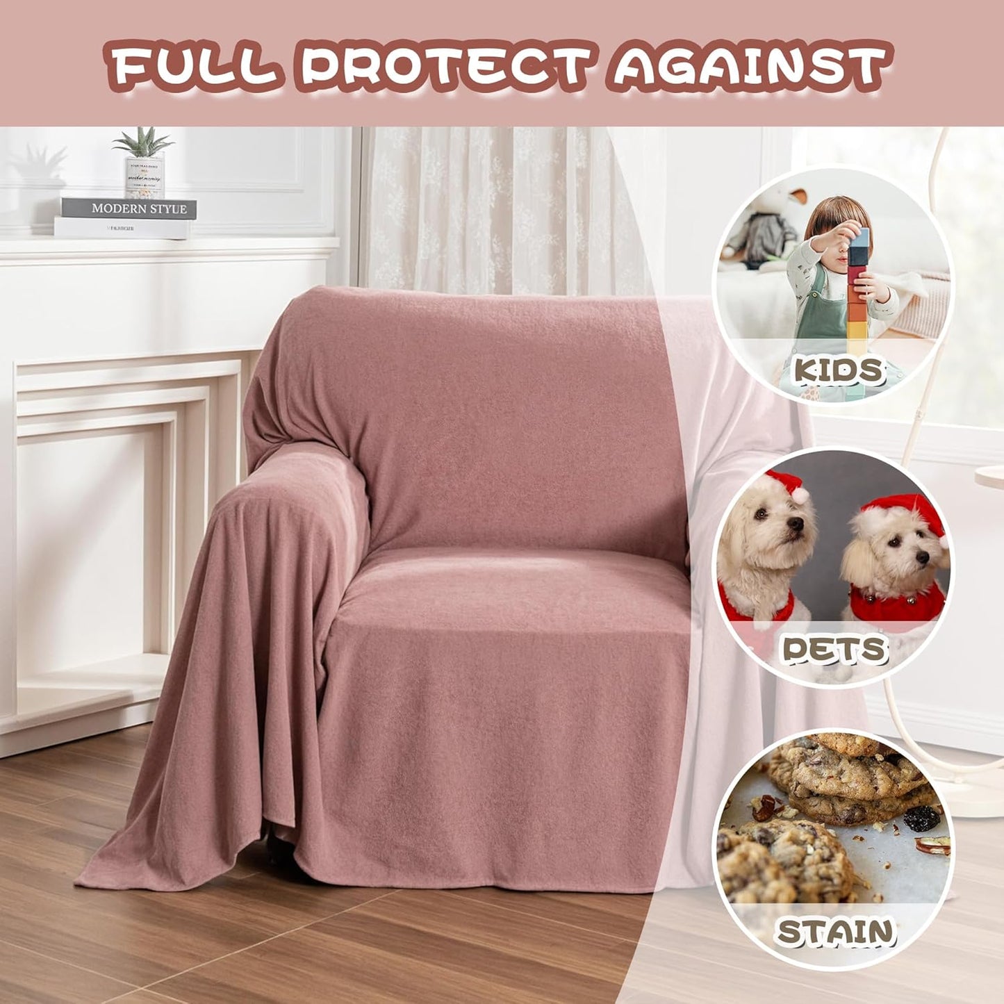 MYSKY HOME Pink Sofa Cover, Couch Covers for Pet, Couch Cover Reclining Couch Covers Armchair Covers for 1 Cushion Couch, Thick Durable Sofa Covers for Furniture Couch Cover, 71" x 91"