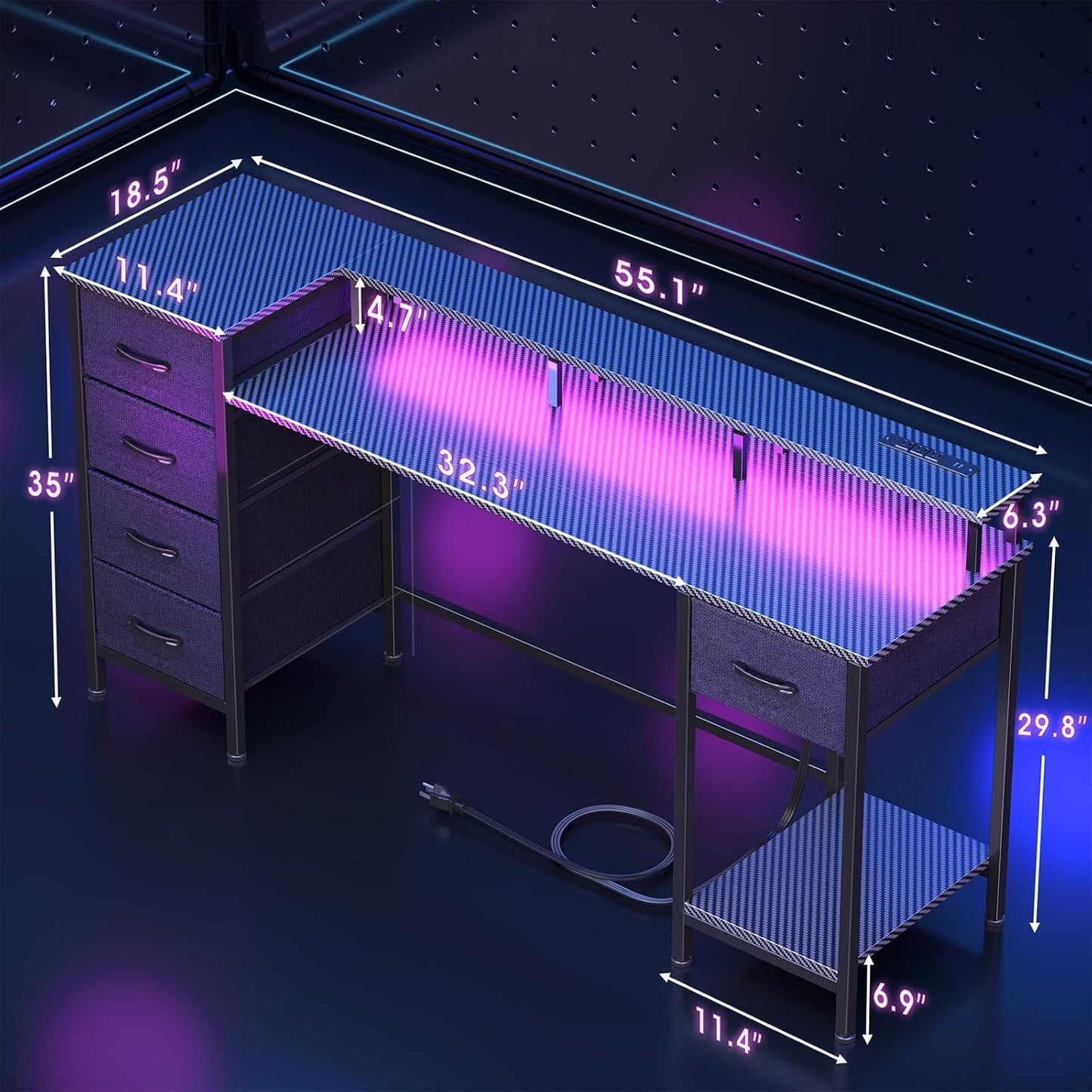 55 Inch Computer Gaming Desk with Power Outlets LED Lights, Reversible Home Office with Adjustable Fabric Storage Drawers for Working Writing Study,Carbon Fiber Black