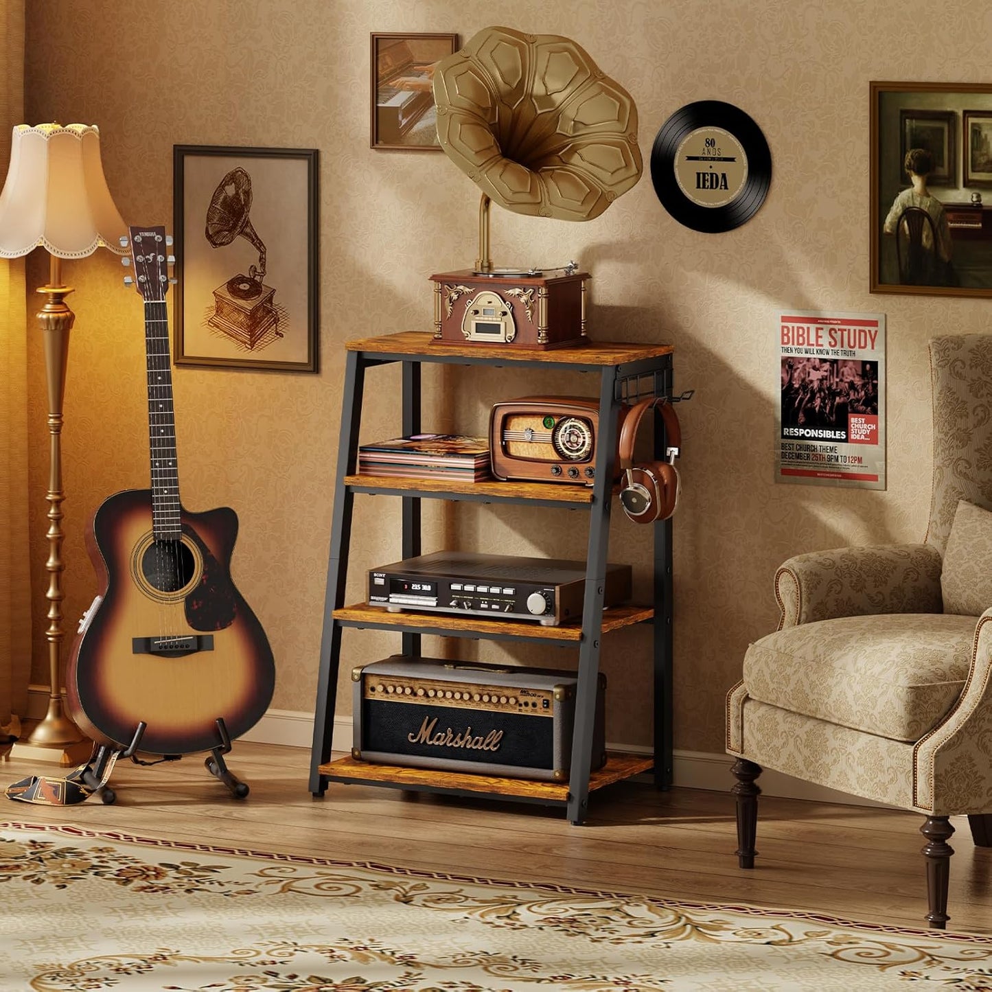 4-Tier AV Media Stand with 2 Hooks,Heavy Duty Stereo Cabinet Furniture-Large Stereo Rack and Game Console Stand,Wooden Record Player Stand,Audio Stand Perfect for DVD Players/Game Console/TV Box/Xbox