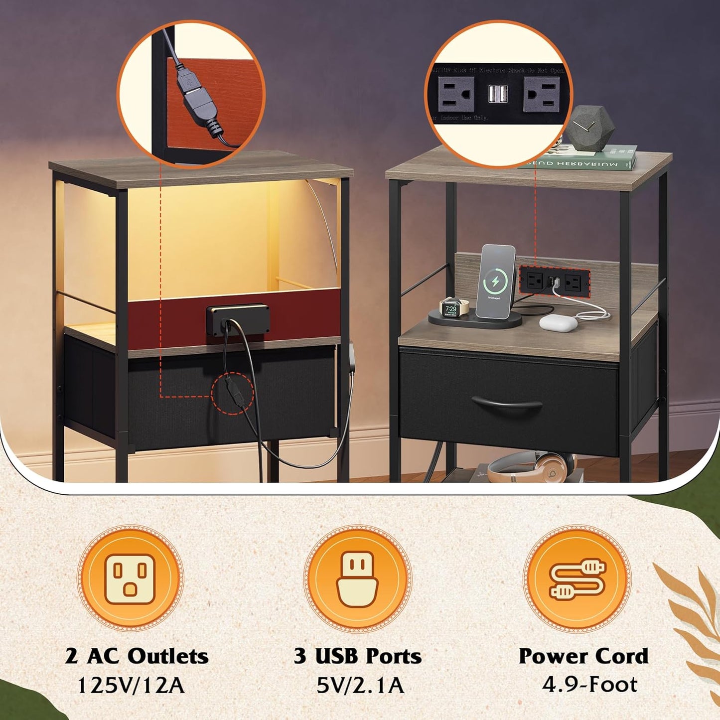 WLIVE LED Nightstand, Night Stand with Charger Station, Bedside Table with Fabric Drawer and Adjustable Open Shelves, Small End Side Tables for Bedroom, Grey