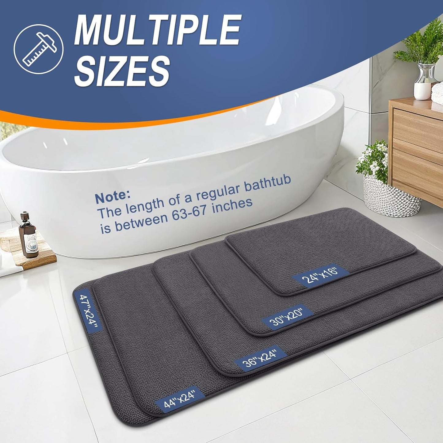 OLANLY Thick Memory Foam Bath Mat Rug 70x24, Extra Soft Absorbent Bathroom Rug, Quick Dry Bath Mats, Non-Slip, Machine Washable Carpet for Bathroom, Tub and Shower, Home Decor Accessories, Dark Grey