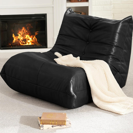 Hobestluk Giant Bean Bag Chair Lazy Floor Sofa, Memory Foam Fireside Sofa for Adults, Big Beanbag Faux Leather Armless Chair for Living Room Bedroom Dorm Office (Black, Single)