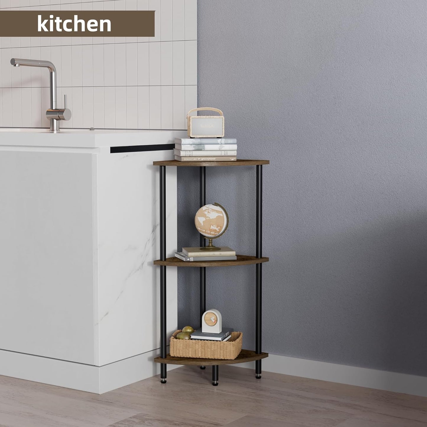 3 Tier Corner Shelf,Corner Bookcase for Small Spaces, Display Shelf,Narrow Bookshelf,Rustic Brown and Black,Suitable for Bedroom,Living Room,Kitchen