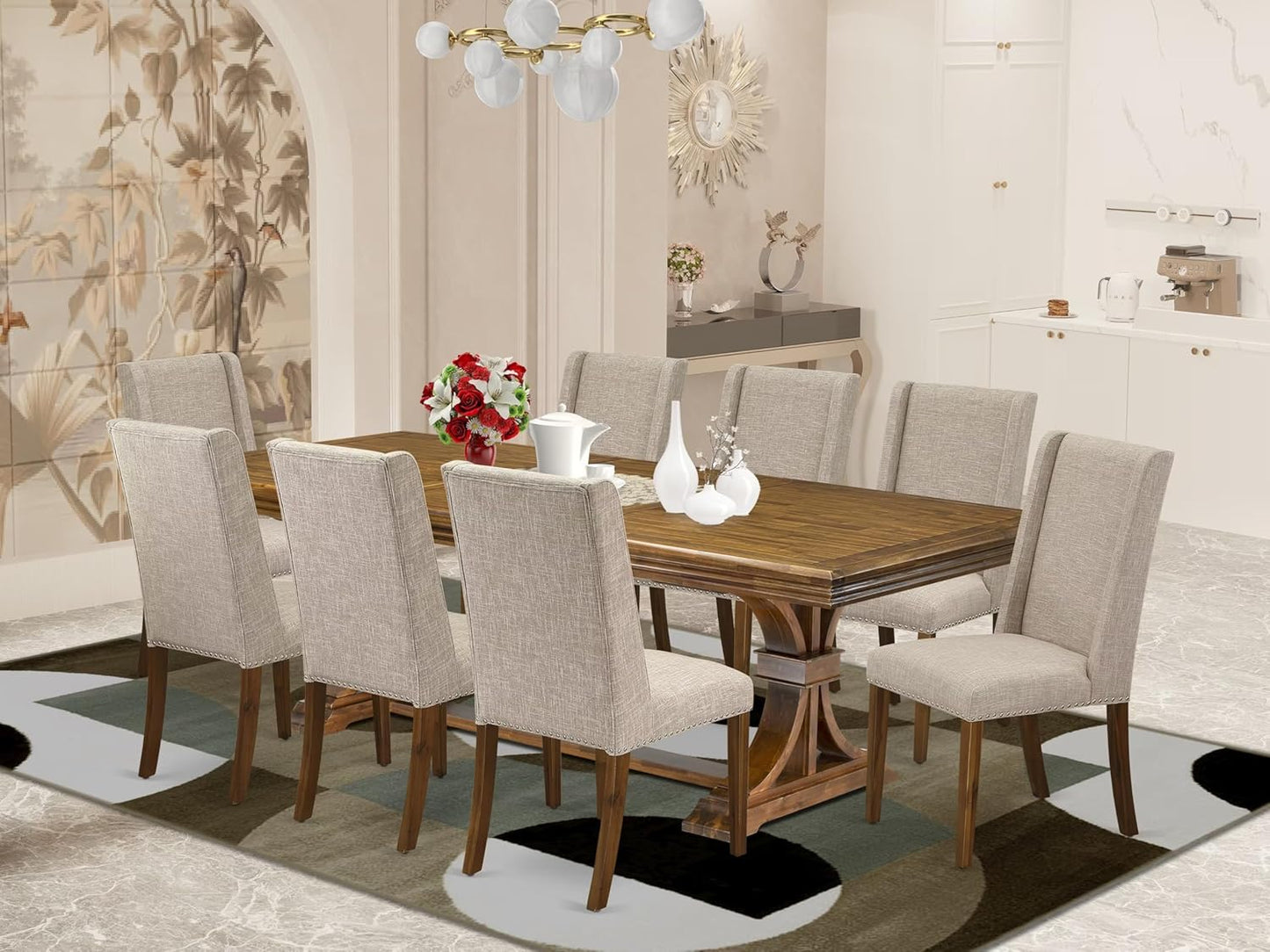 NEFL9-AWA-04-9-Piece Kitchen Set Consists of a Dinner Table and 8 Light Tan Linen Fabric Parson Chairs with Padded Chair Back - Antique Walnut Finish.
