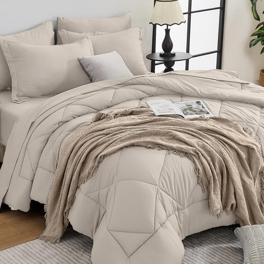 HEVUMYI Beige Tan Full Comforter Set - 7-Piece All Season Bed in a Bag Full, Ultra Soft Bedding Set with Comforter, Flat Sheet, Fitted Sheet, Pillowcases, Pillow Shams, Beige Tan