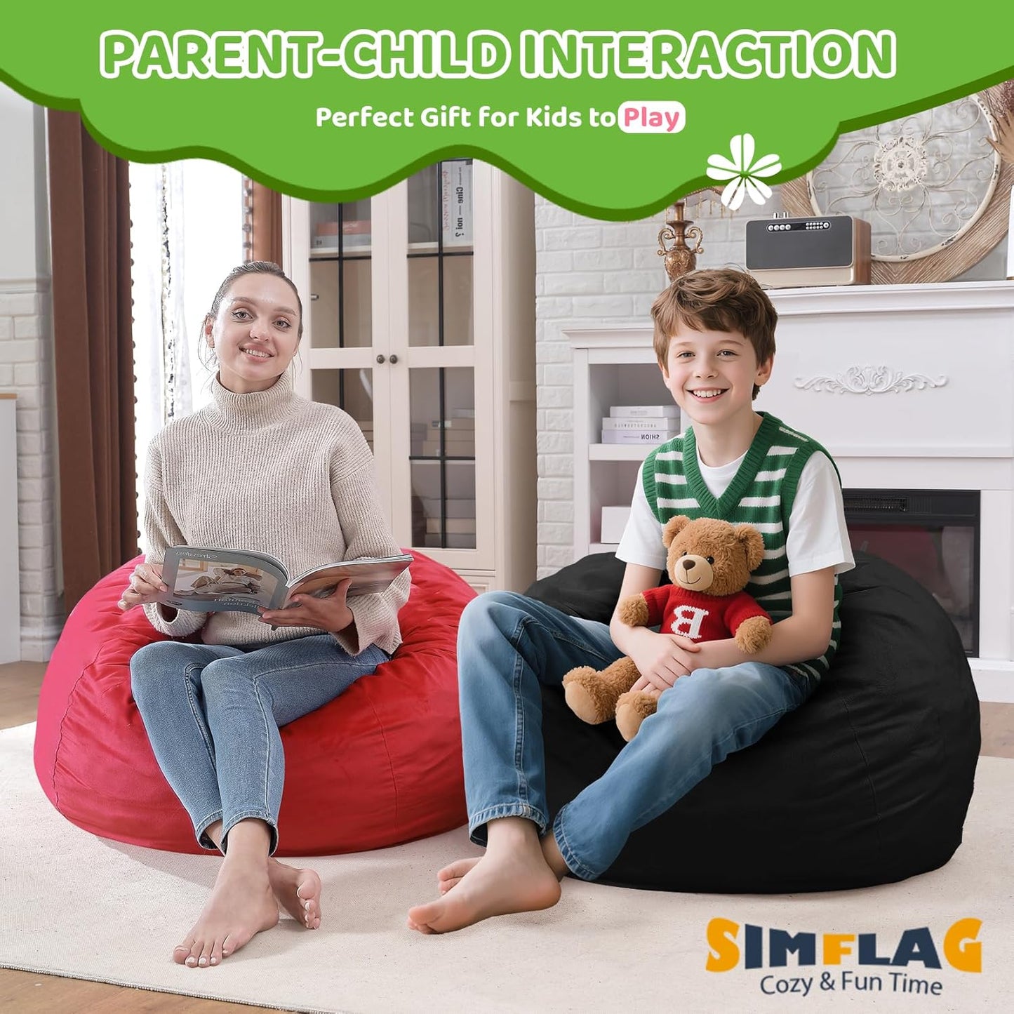 2FT Bean Bag Chair, Comfy Bean Bag Chairs with Memory Foam Filled, Fluffy Beanbag Sofa with Dutch Velvet Cover, Teardrop BeanBag Chairs for Living Room, Playroom - Black