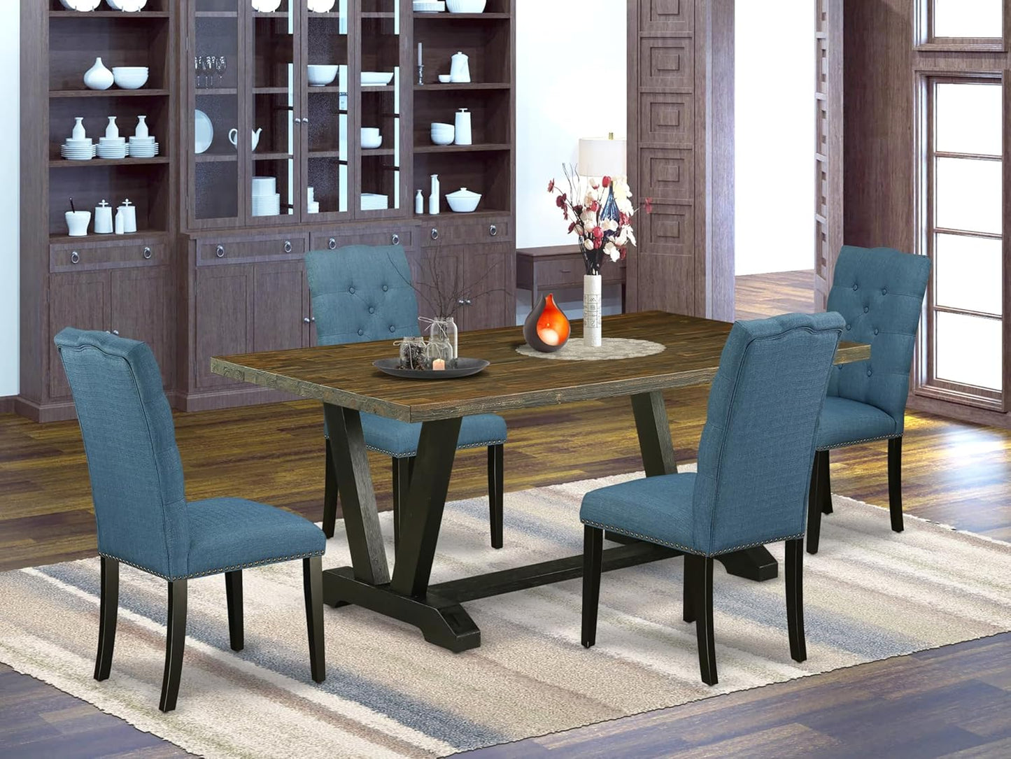 East West Furniture V677EL121-5 5 Piece Modern Dining Table Set Includes a Rectangle Wooden Table with V-Legs and 4 Blue Linen Fabric Parsons Dining Chairs, 40x72 Inch, Multi-Color