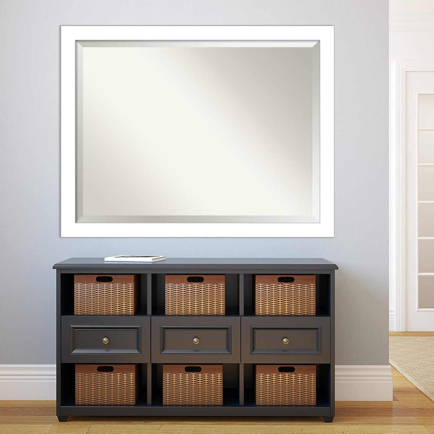 Amanti Art White Bathroom Mirror for Over Sink, 34x44 Wedge White Rectangle Vanity Mirror, X-Large Modern Contemporary Frame, Hangs Horizonally and Vertically, Bathroom Wall Decor, Beveled Edge