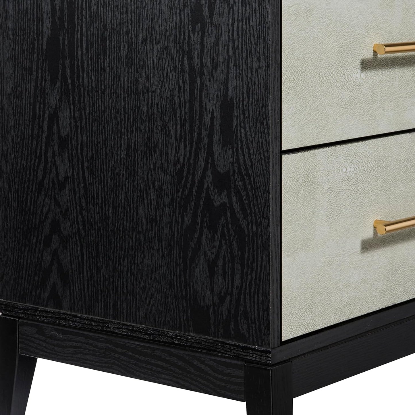 Sango Shagreen 2-Drawer Nightstand, Modern Black Bedside Table with Gray Faux Shagreen Drawer Fronts, Brass Handles, Sturdy Legs, Elegant Storage for Contemporary & Luxury Homes