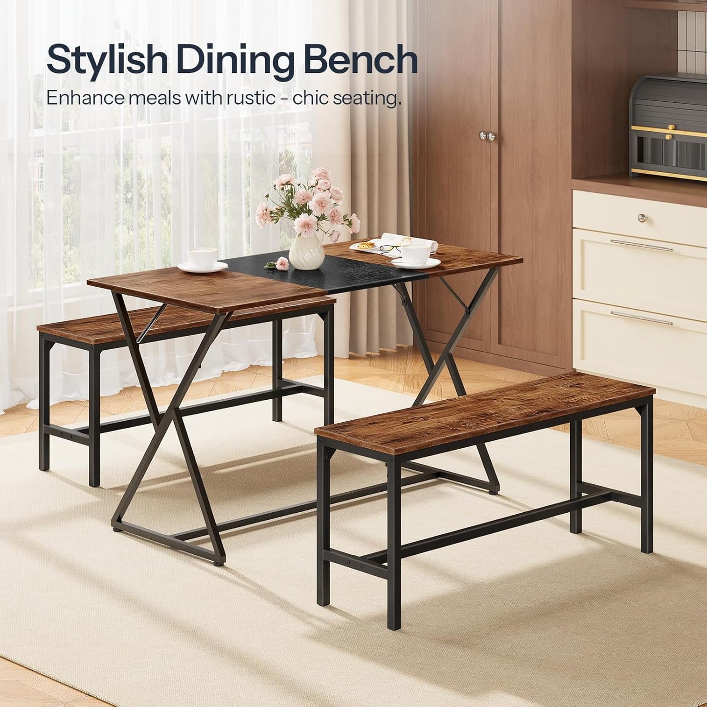 HOOBRO Dining Benches, Pair of 2 Industrial Kitchen Table Benches, Wooden Indoor Benches, Durable and Stable, for Dining Room, Kitchen, Living Room, Bedroom, Rustic Brown BF02CD01