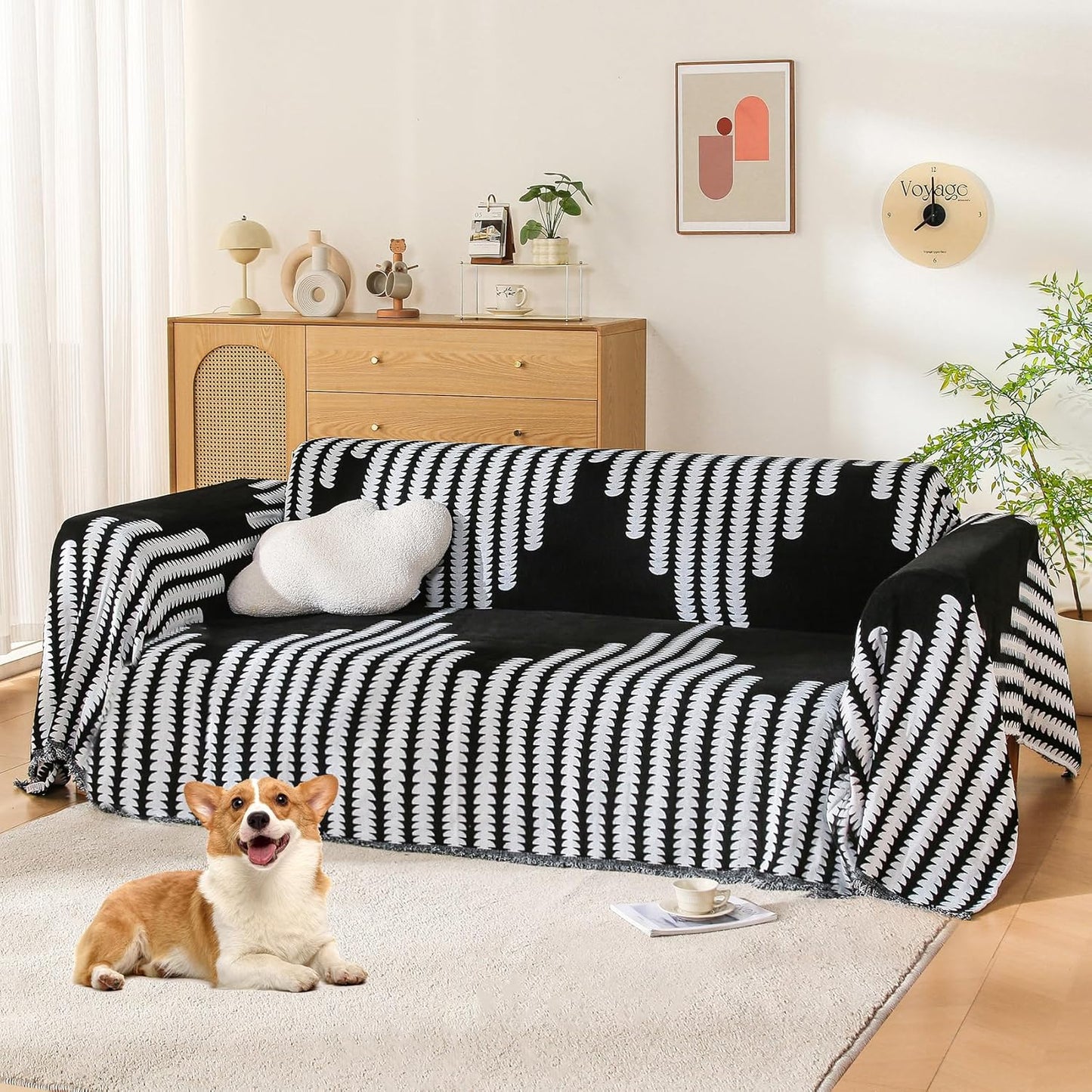 Boho Sofa Cover, Couch Covers for 3 Cushion Couch Sofa Pet Friendly, Sofa Cover Washable, Soft Chenille Living Room Couch Covers Slipcover, Pet Furniture Protecto (2# Black, 71" x 134")