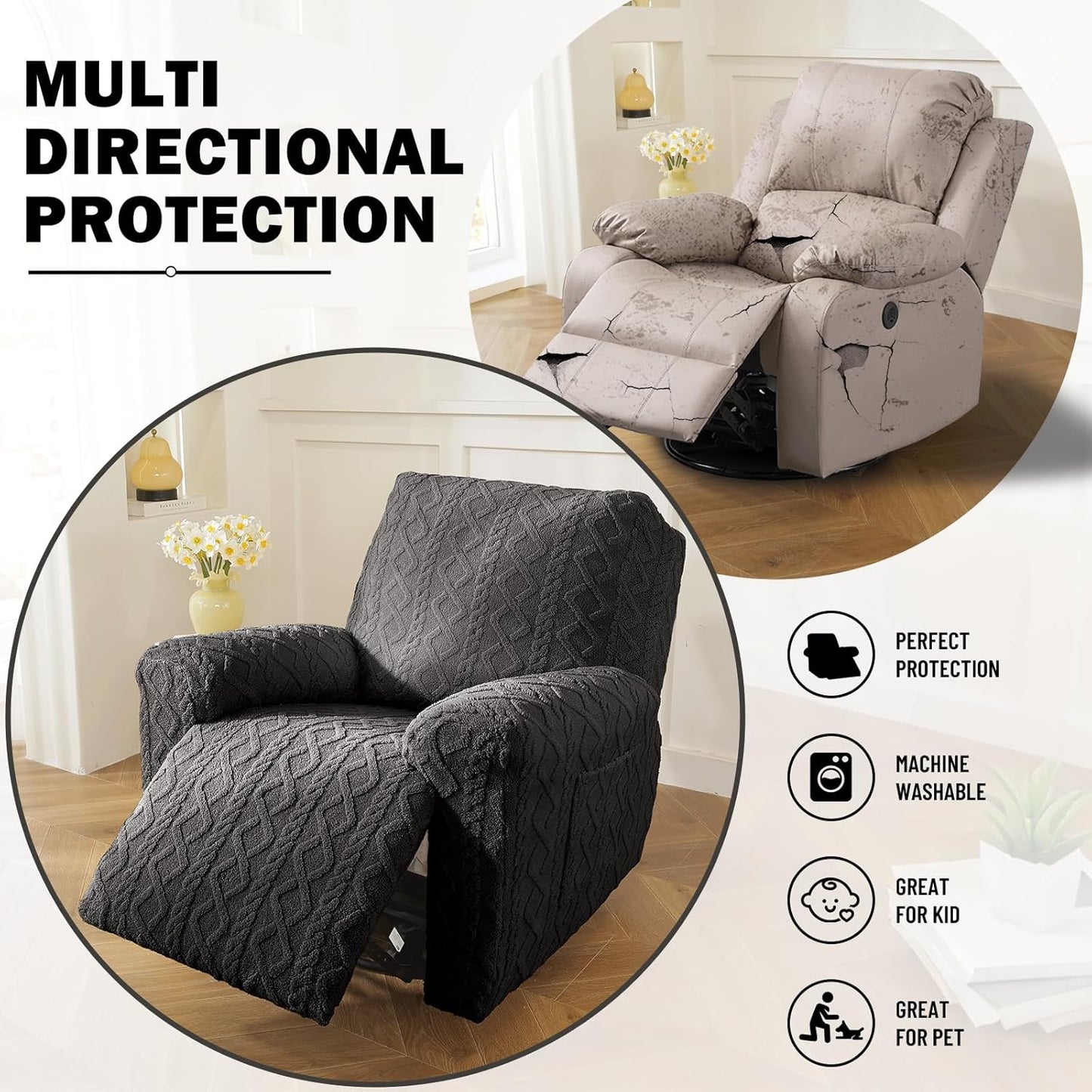 vctops 4 Pieces Geometric Jacquard Plush Recliner Slipcovers Soft Fuzzy Fluffy Sofa Couch Cover Anti-Slip Furniture Protector with Elastic Bottom for Kids Cats Dogs(Dark Grey,1 Seat)