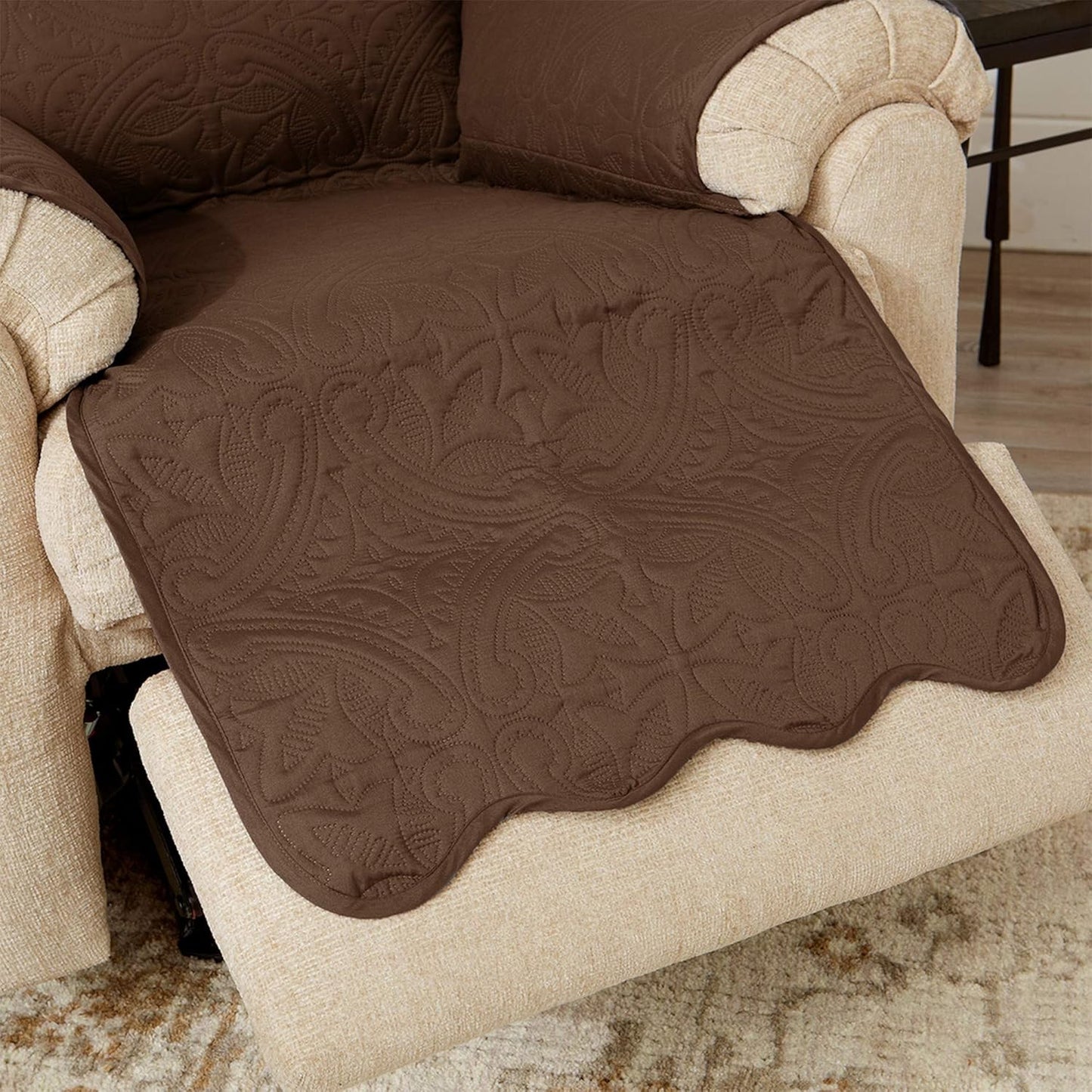 Great Bay Home Medallion Stitched Solid Furniture Protector Stain Resistant Durable Furniture Protector Elenor Collection (Recliner, Chocolate/Taupe)