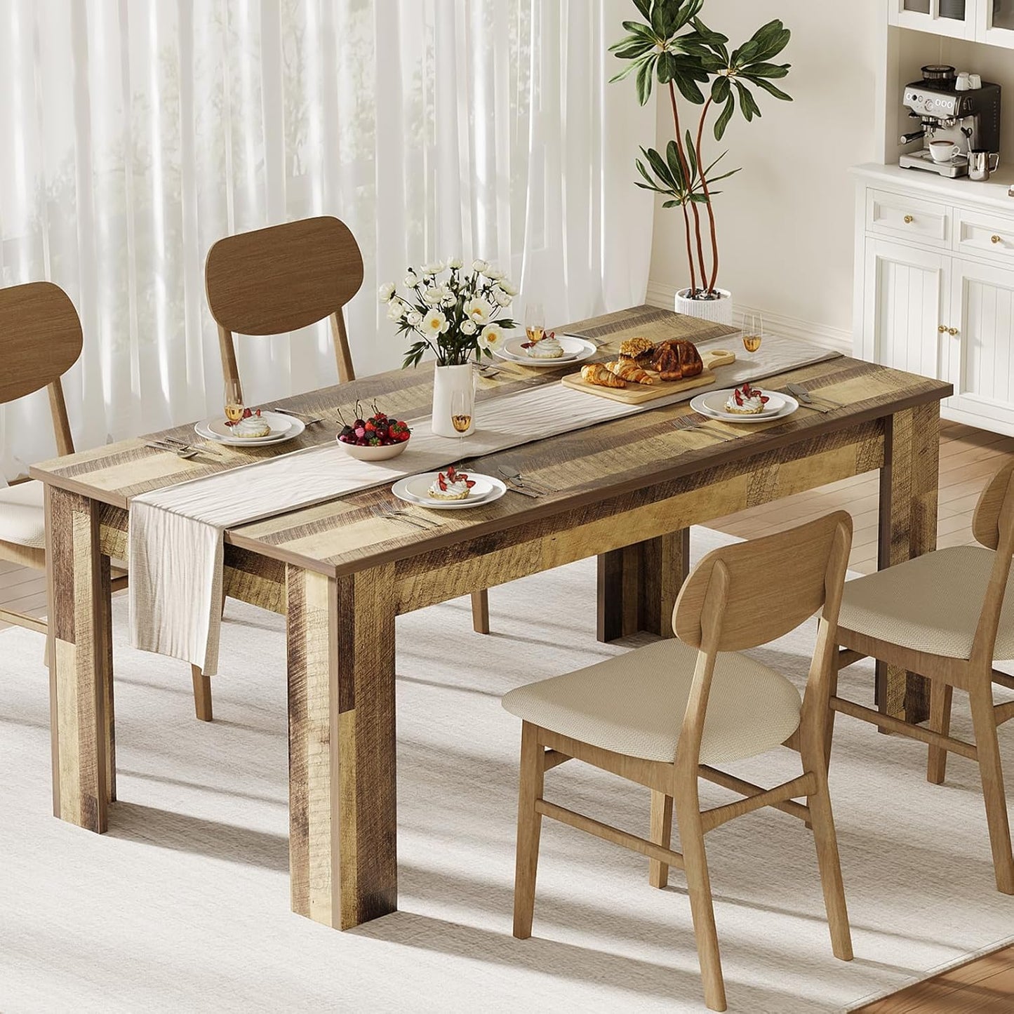 Dining Table for 4-6, 63" Wood Farmhouse Large Kitchen Table with Strong 4 Triangle Legs, Rectangular Dining Room Dinner Table with Sturdy Extra Support for Kitchen, Apartment, Retro Brown