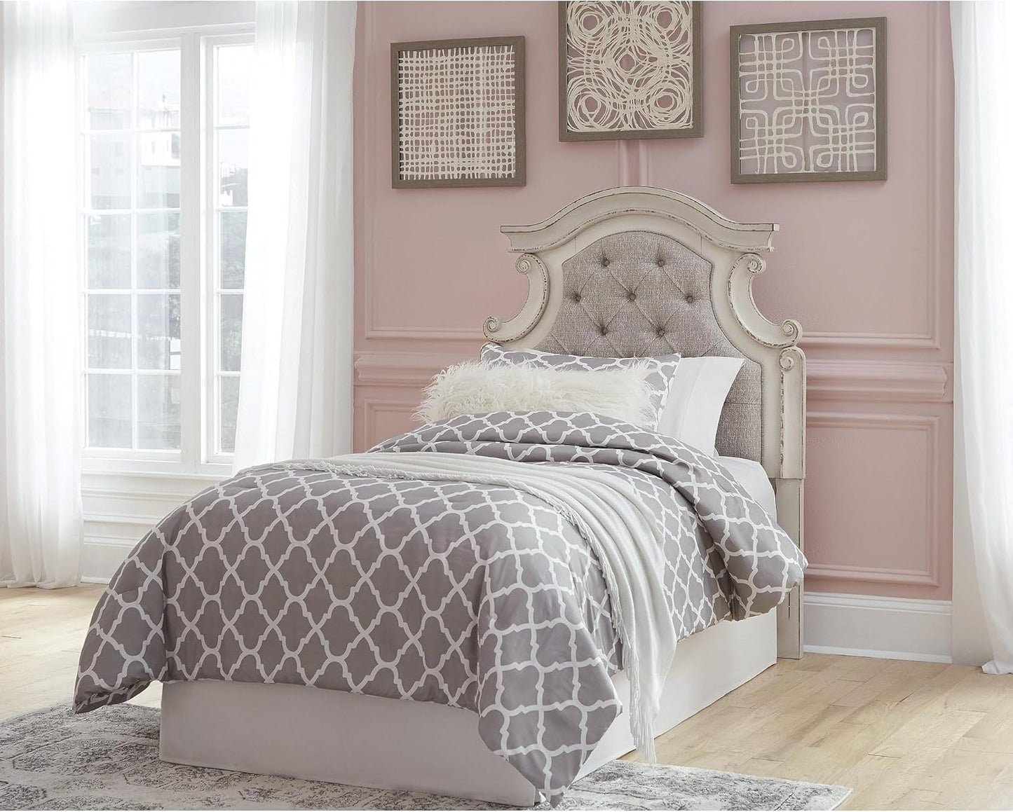 Signature Design by Ashley Realyn Upholstered Tufted Cottage Headboard ONLY, Twin, Vintage White