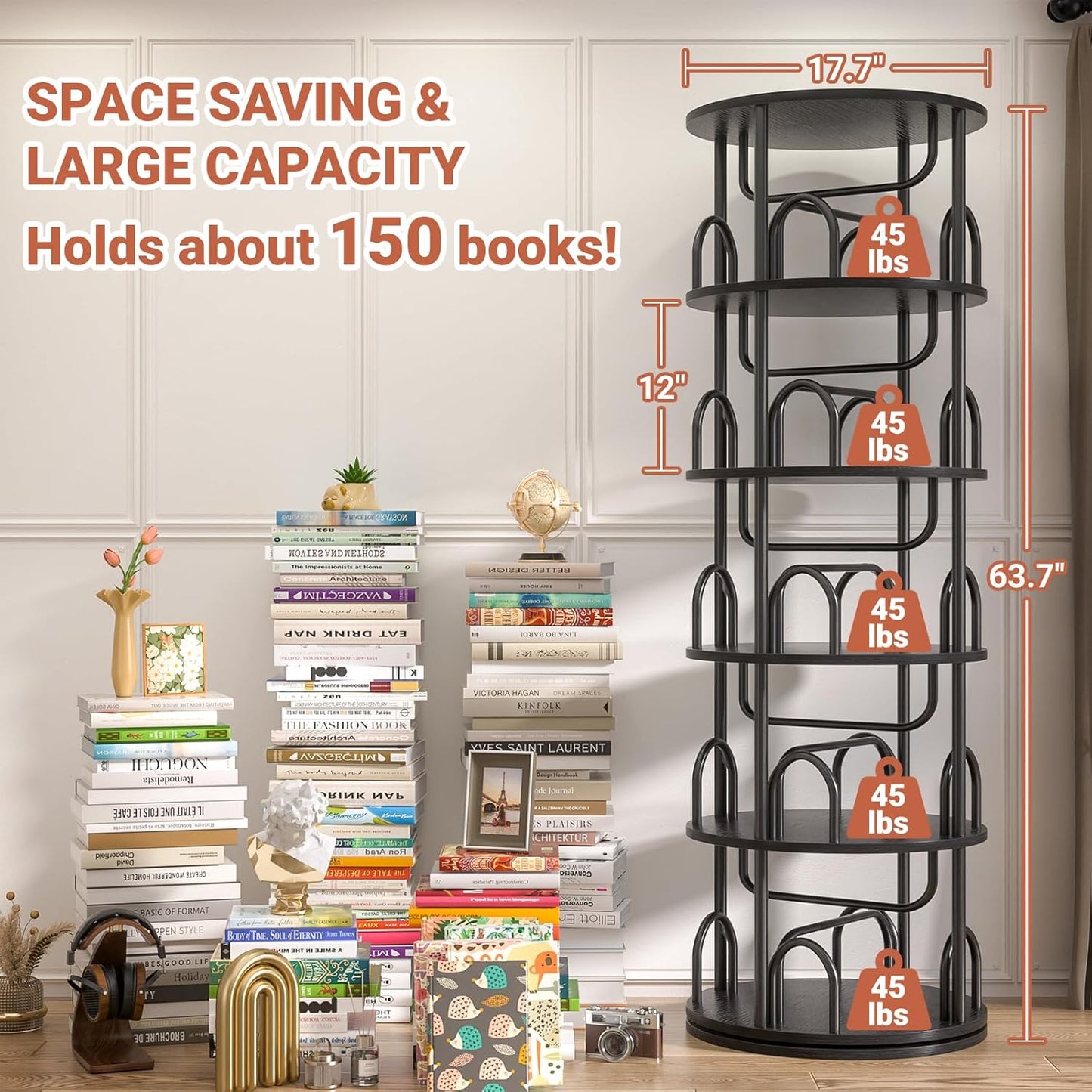Aheaplus 5 Tier Rotating Bookshelf Tower, 360 Display Spinning Bookcase, Revolving Round Book Shelf Narrow Swivel Bookshelf, Vertical Turning Spiral Corner Book Organizer for Small Space, Black