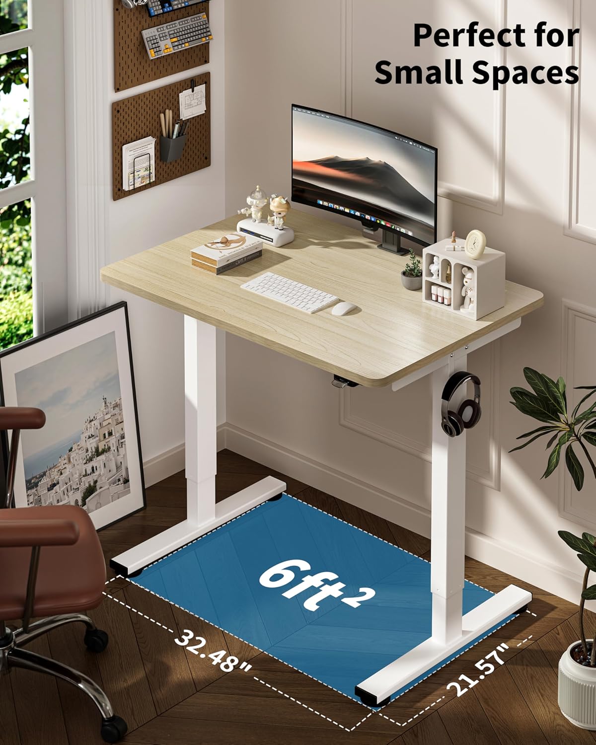 Okin Small Electric Standing Desk, 36" x 24" Whole Piece Height Adjustable Desk, Oak Sit to Stand Computer Workstation for Home Office