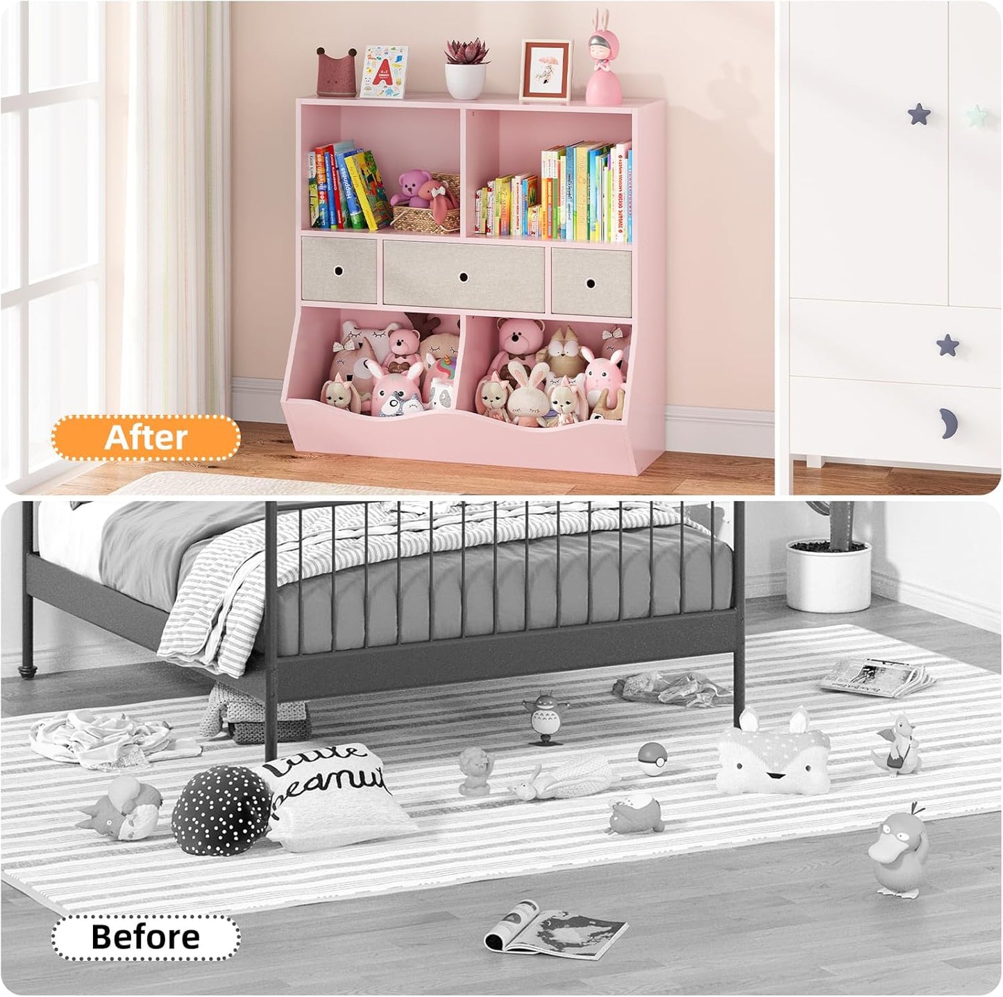 IDEALHOUSE 7-Cubby Large Kids Toy Storage Organizer, Children Wood Bookcase and Bookshelf, 3-Tier Toy Storage Cabinet with 3 Drawers for Hallway, Playroom, Living Room, School, 2 Set Pink