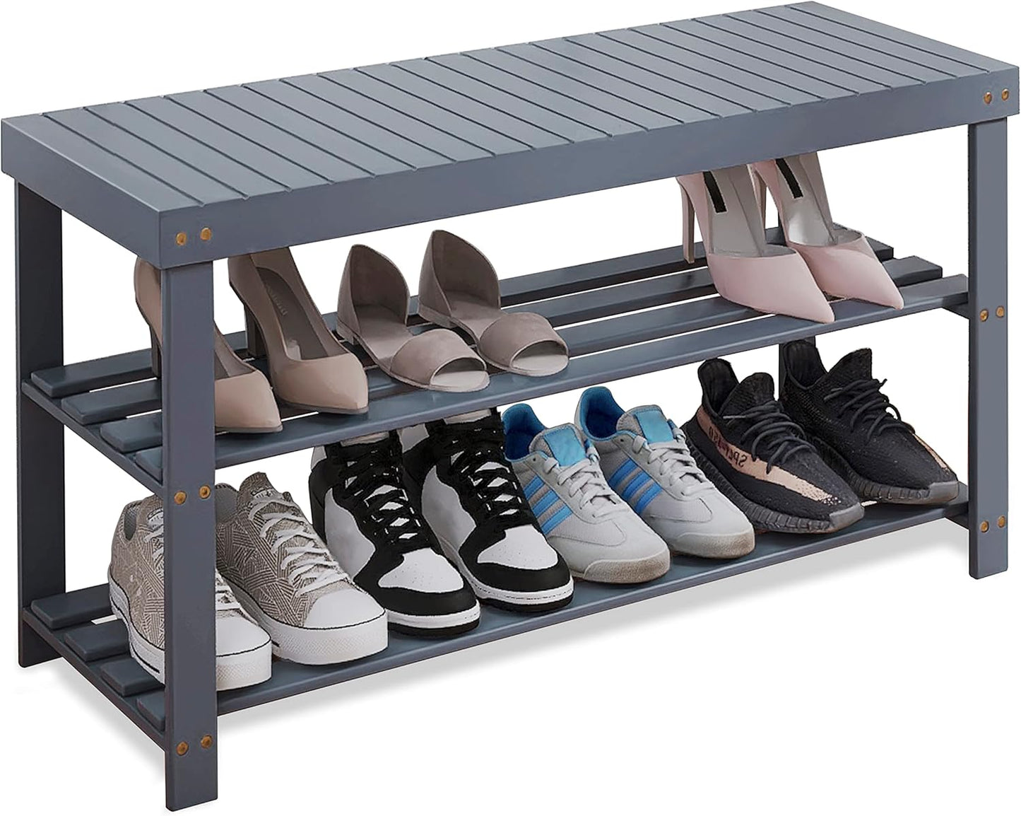 SMIBUY Bamboo Shoe Rack Bench, 3-Tier Shoe Organizer Storage Shelf for Entryway Hallway Bathroom Living Room (Grey)