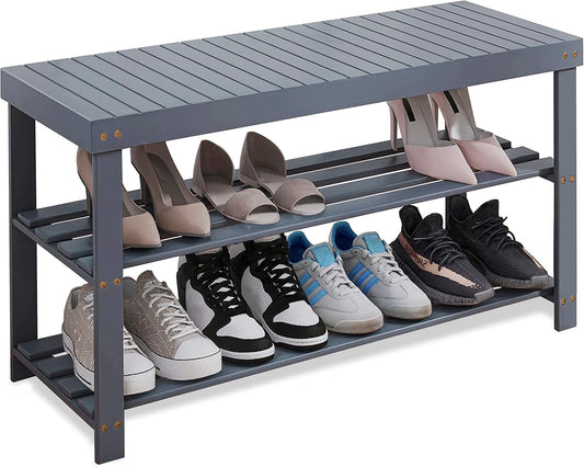 SMIBUY Bamboo Shoe Rack Bench, 3-Tier Shoe Organizer Storage Shelf for Entryway Hallway Bathroom Living Room (Grey)
