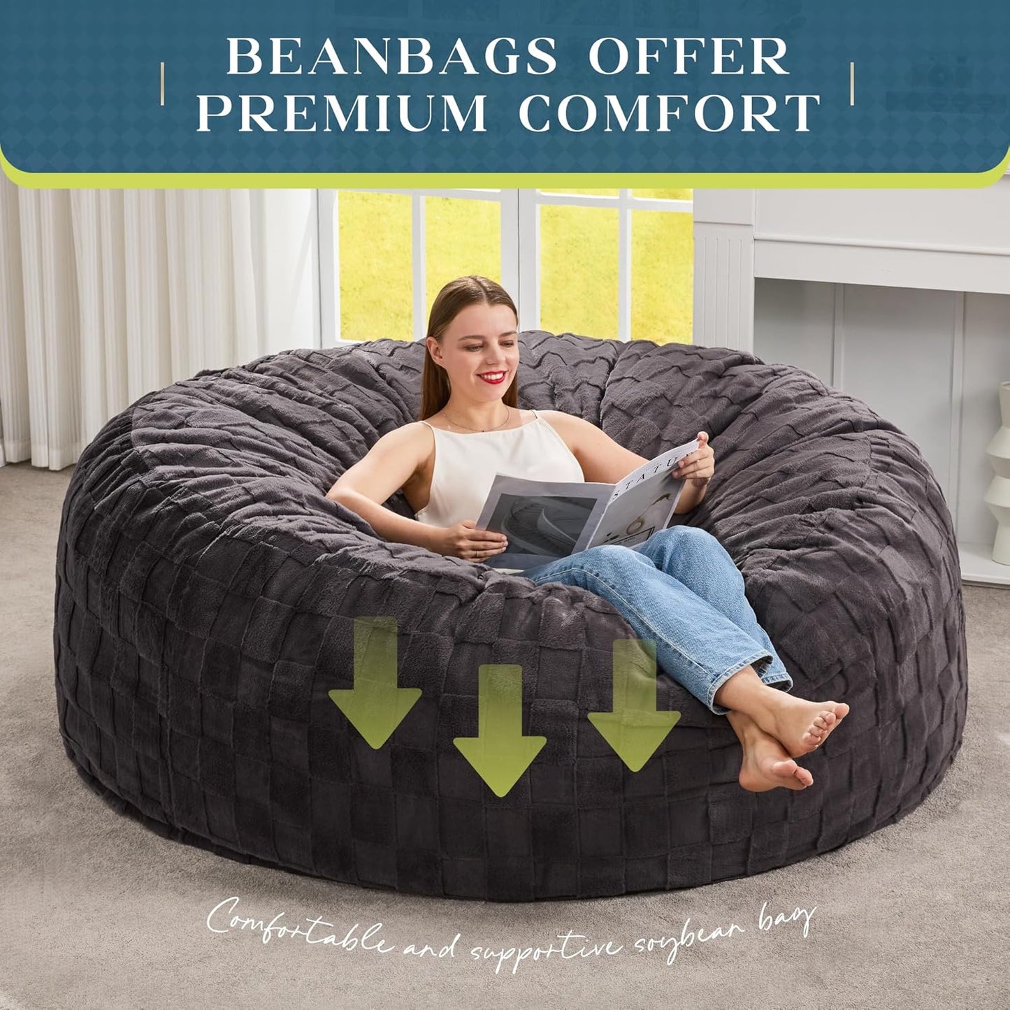 Hobestluk Bean Bag Chairs Beanbag Chair with Filler Adult Bean Bags with Fluffy Cover, Giant Bean Bag Chairs for Adults for Living Room, Bedroom (Dark Grey, 5FT - 50” x 50” x 24”)