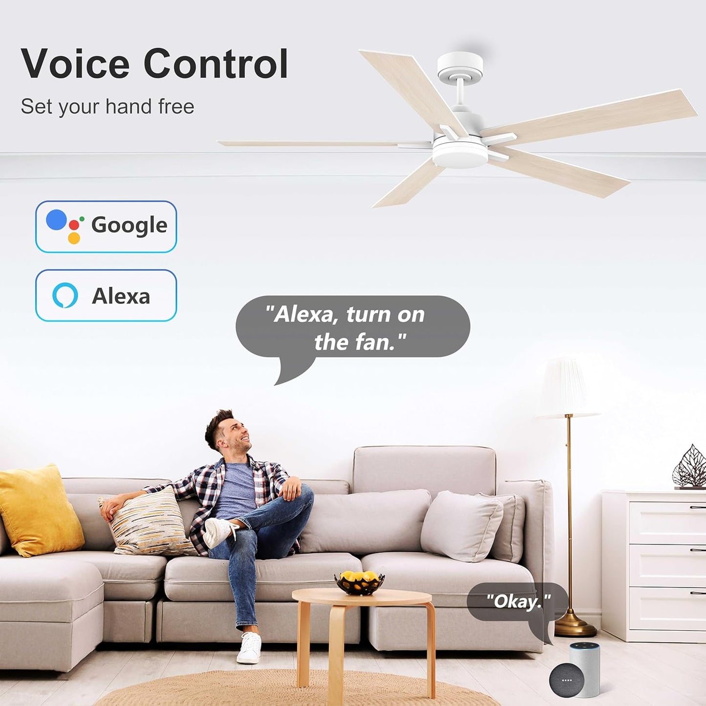 60” Smart Ceiling Fan with Lights Remote,Control via Alexa Google Voice App Wifi,Silent DC Motor,Dimmable,Outdoor Indoor Modern Ceiling Fans for Large Bedroom Patio Porch,White and Wood