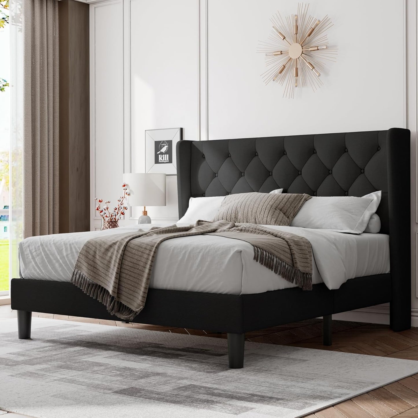 Feonase Full Size Bed Frame with Upholstered Wingback Headboard,Button Tufted Platform Bed and Heavy Duty Wooden Slats Support,Easy Assembly, Noise-Free,No Box Spring Needed, Black