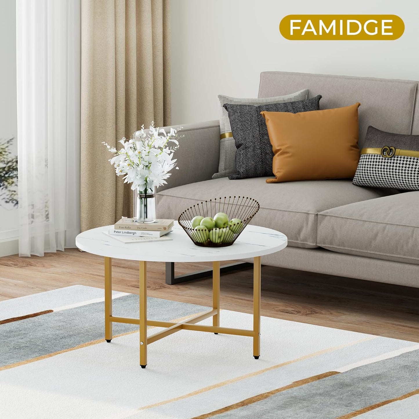 Coffee Table, 23.6" Coffee Tables for Living Room, Round Coffee Table with Metal Frame, Floor Table for Sitting on The Floor, Home, Office, White & Gold Legs