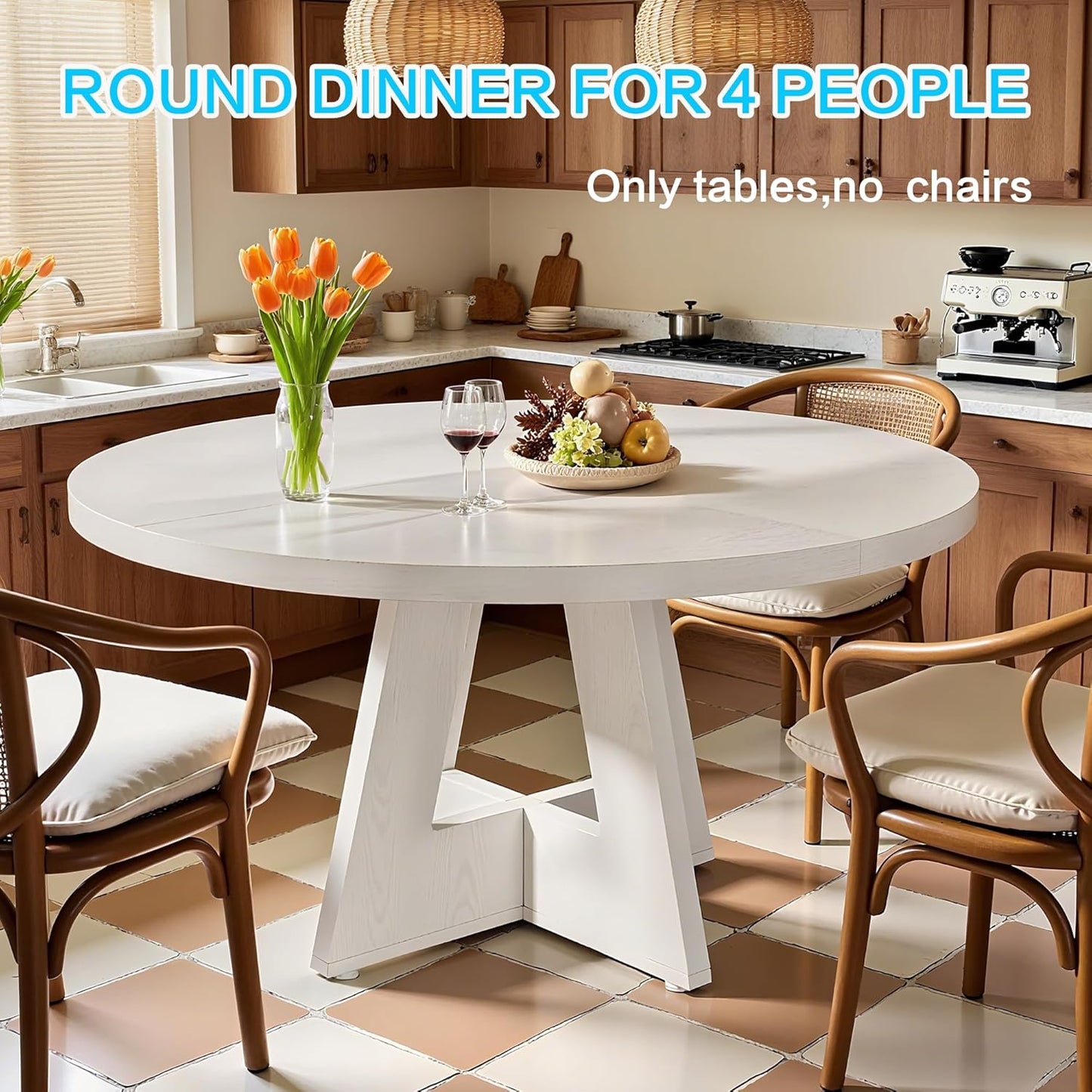47" Round Dining Table for 4-6, Modern Small Dinner Table Farmhouse Round Kitchen Tables with Wooden Cross Base for Dining Room, Kitchen, Living Room, White